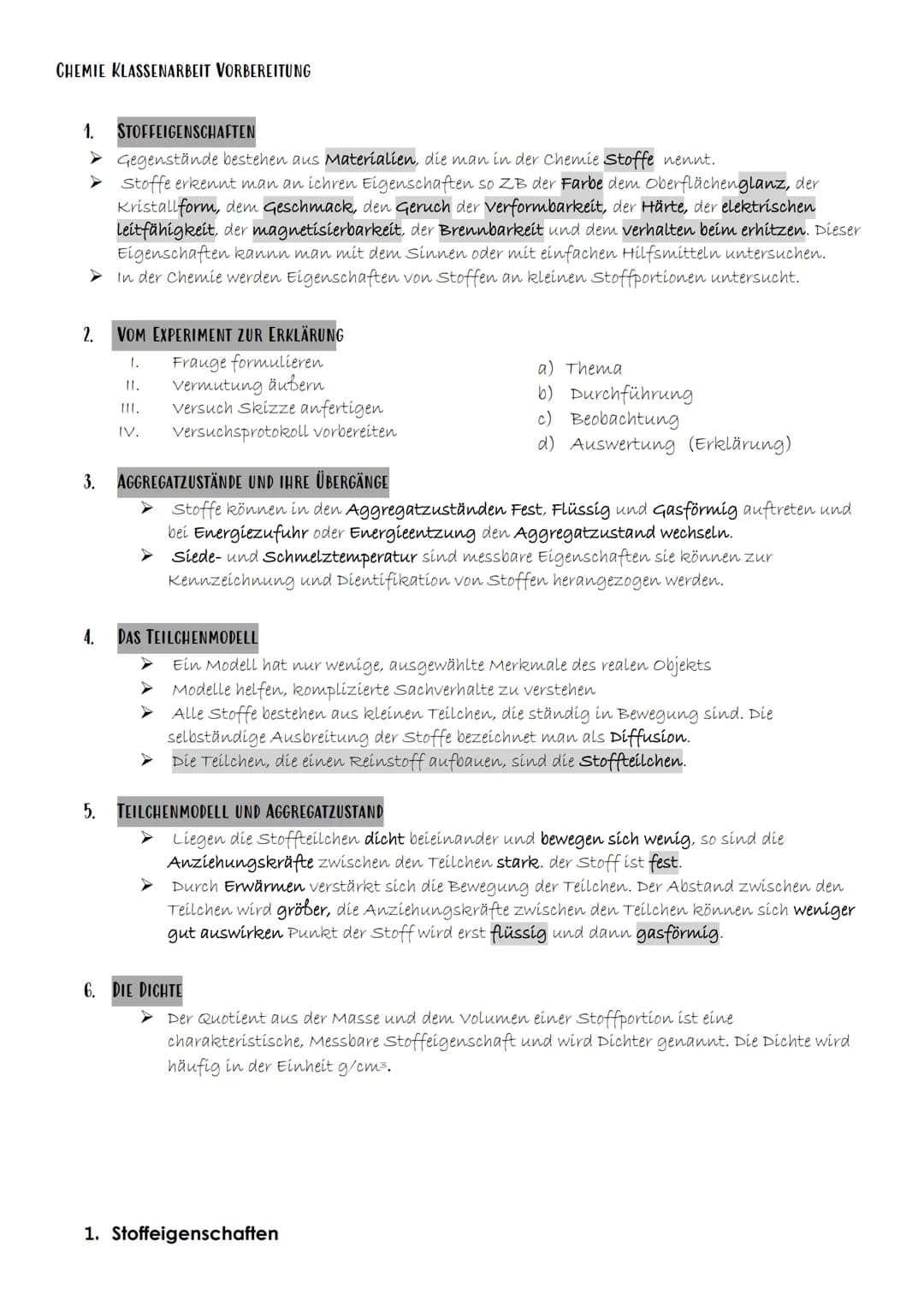 CHEMIE KLASSENARBEIT VORBEREITUNG
1. STOFFEIGENSCHAFTEN
Gegenstände bestehen aus Materialien, die man in der Chemie Stoffe nennt.
▸ Stoffe e