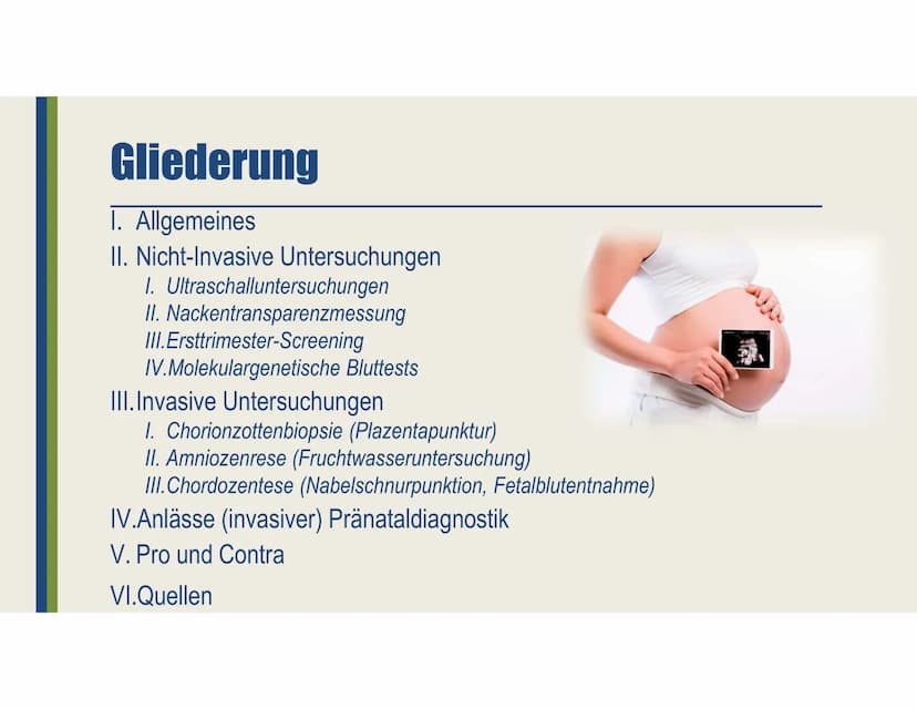 Pränataldiagnostik
Ein Vortrag von Laura-Sophie Döring
https://www.youtube.com/watch?v=jJNkwjH8uQ8 Gliederung
I. Allgemeines
II. Nicht-Invas