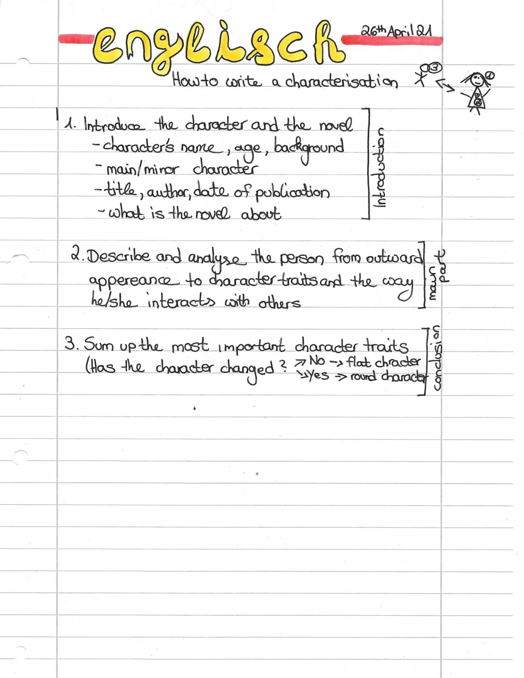 -englisch-
How to write a characterisation.
1. Introduce the character and the novel.
- character's name, age, background
-main/minor charac