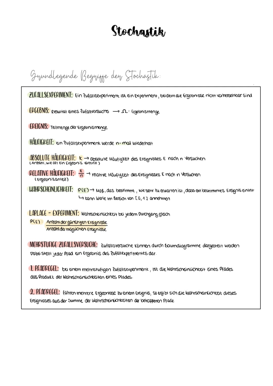 Stochastik
Grundlegende Begriffe dey Stochastik
ZUFALLSEXPERIMENT: Ein Zufallsexperiment ist ein Experiment, bei dem die Ergebnisse nicht vo