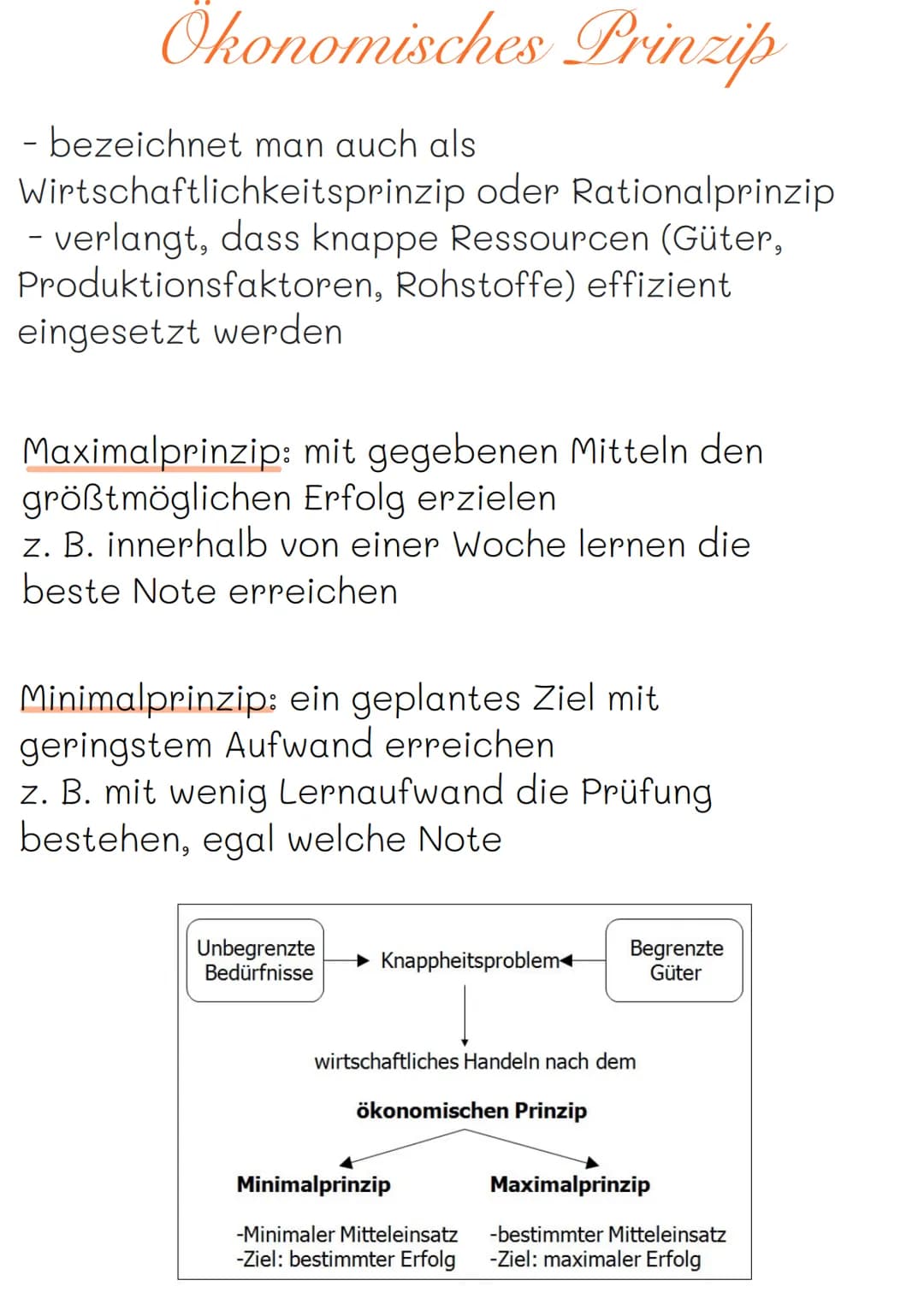 Ökonomisches Prinzip
- bezeichnet man auch als
Wirtschaftlichkeitsprinzip oder Rationalprinzip
- verlangt, dass knappe Ressourcen (Güter,
Pr