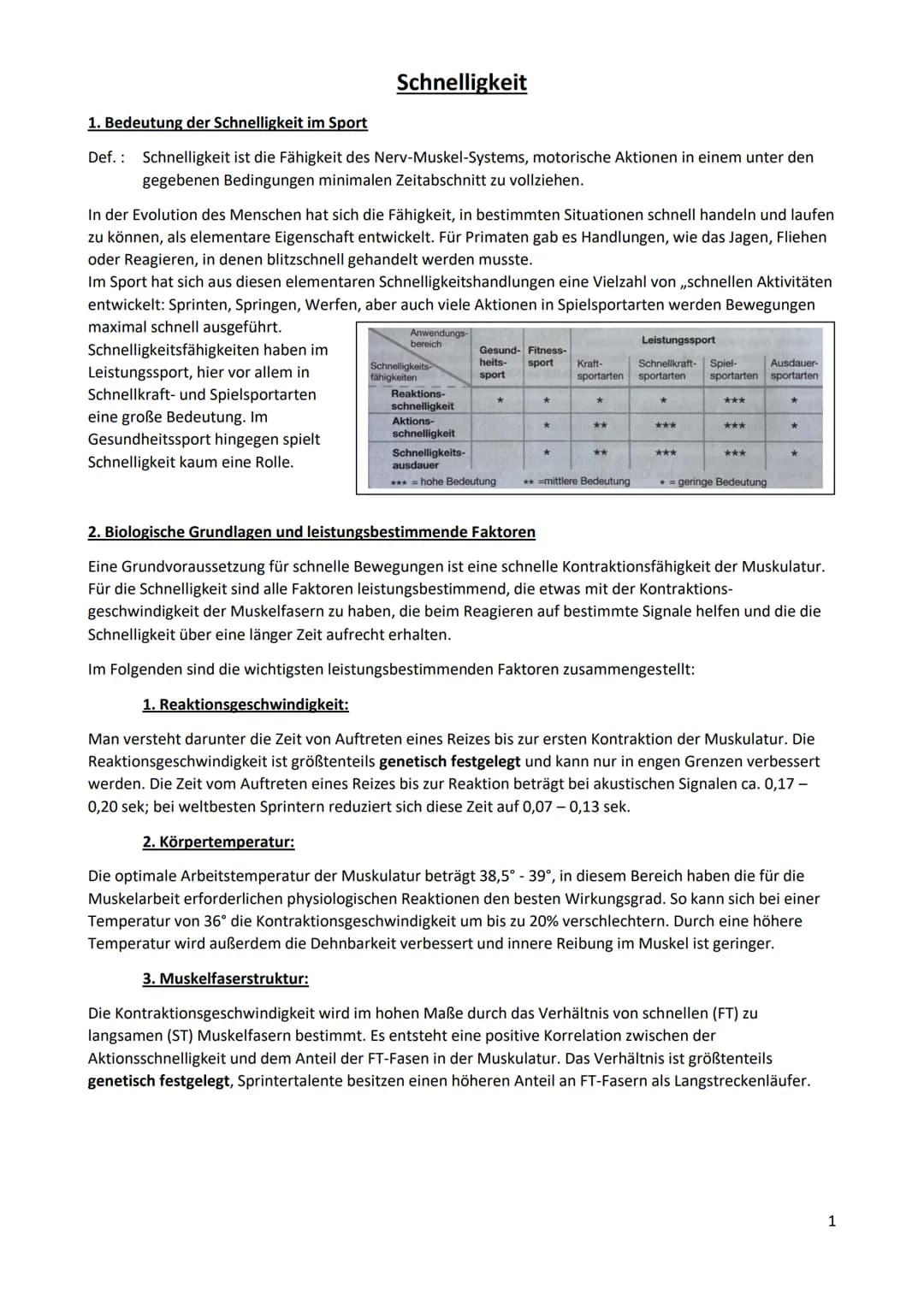 Schnelligkeit
1. Bedeutung der Schnelligkeit im Sport
Def. Schnelligkeit ist die Fähigkeit des Nerv-Muskel-Systems, motorische Aktionen in e