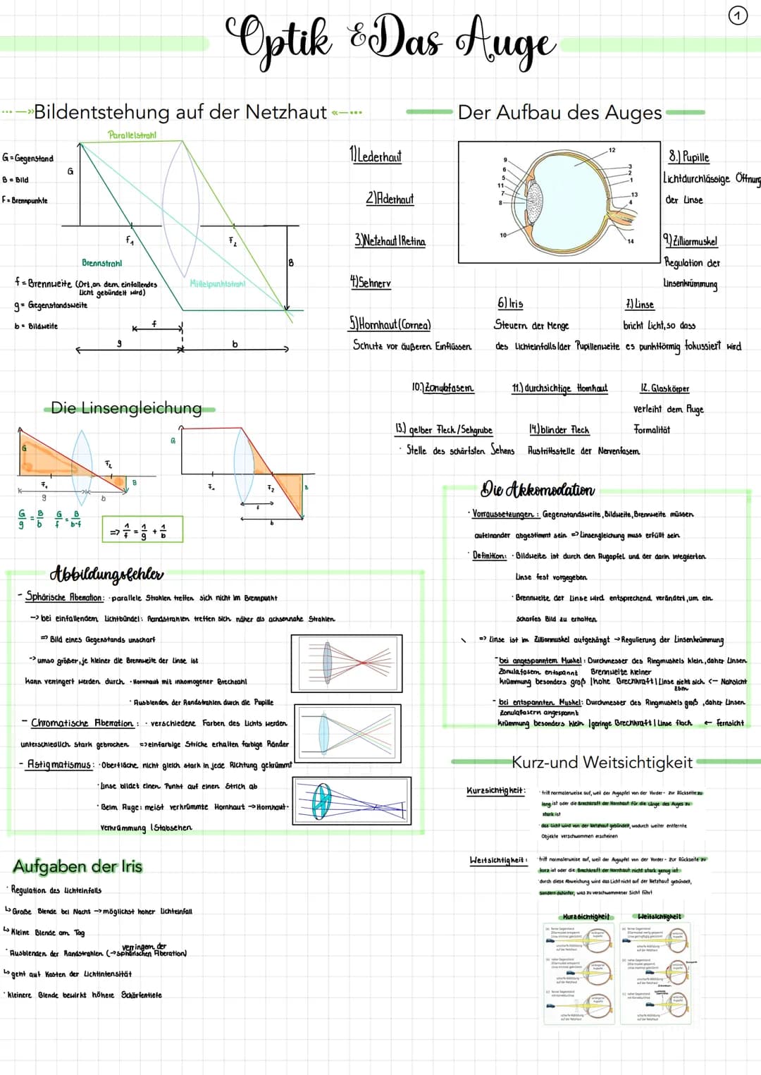 G = Gegenstand
B Bild
Bildentstehung auf der Netzhaut «
F. Brennpunkte
9
Bildweite
G
Brennstrahl
f-Brennweite (Ort, an dem einfallendes
Lich