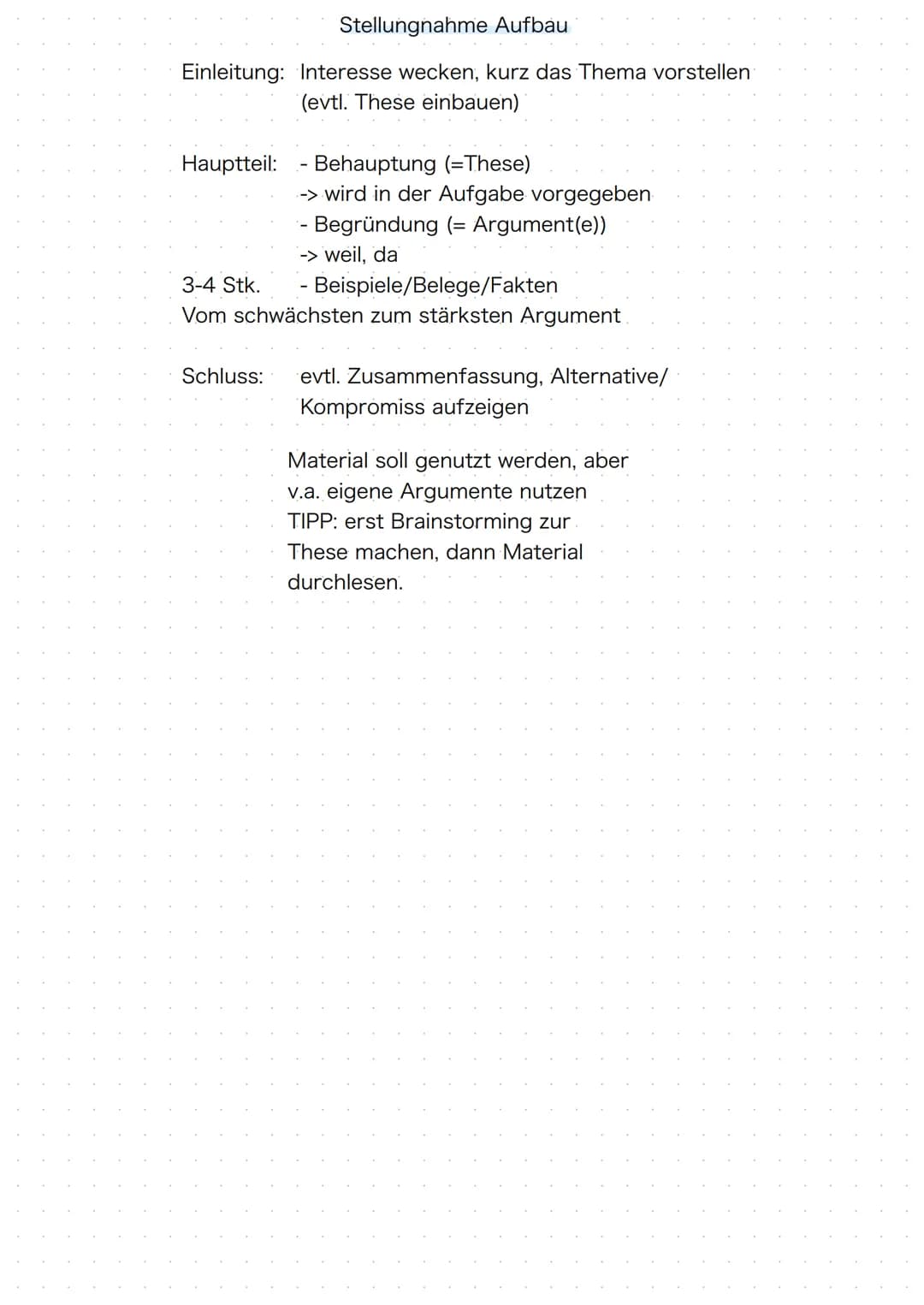 Stellungnahme Aufbau
Einleitung: Interesse wecken, kurz das Thema vorstellen
(evtl. These einbauen)
Hauptteil: Behauptung (=These)
-> wird i