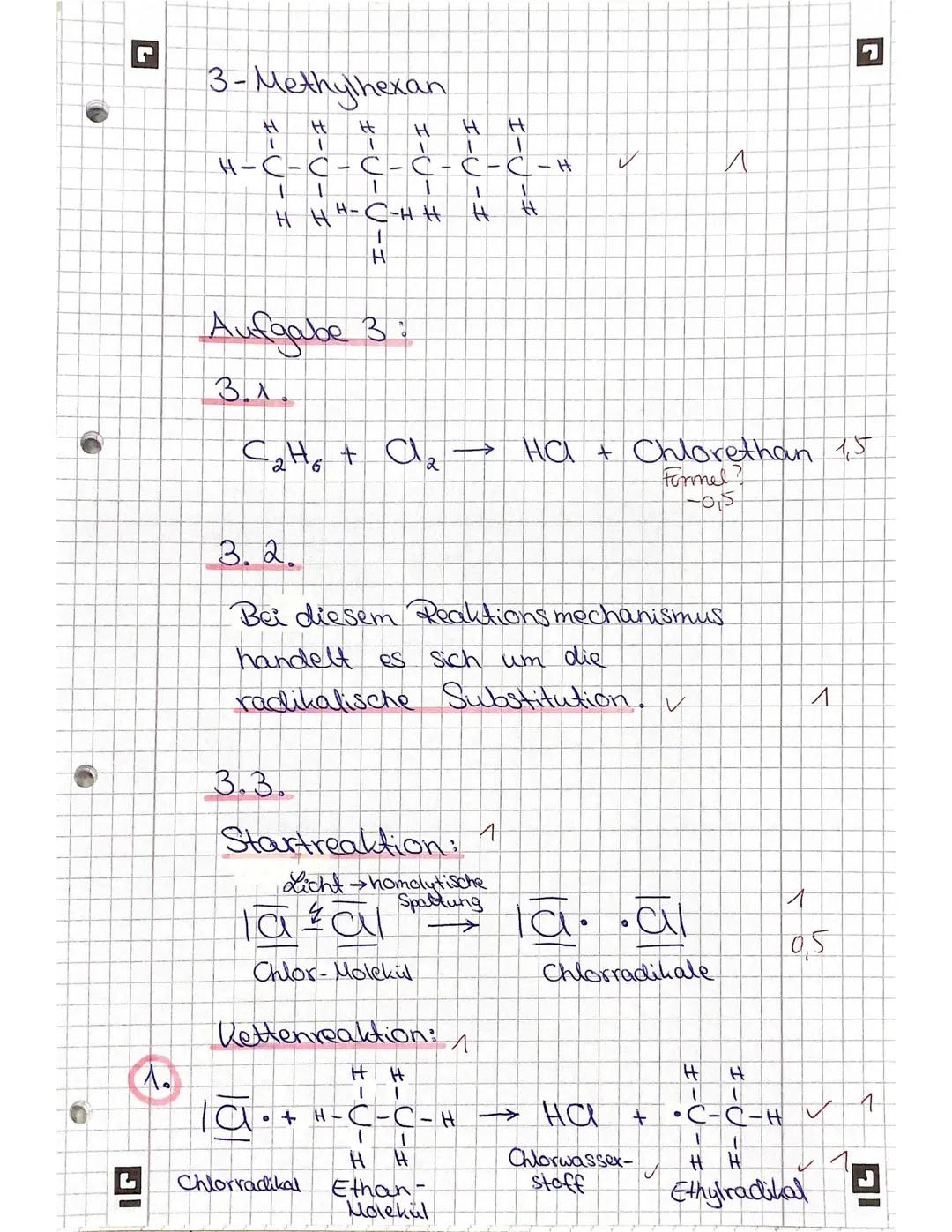 3
IG
Chemieklausur Kr. 1
Aufgabe 1:
1.1.
Celor
a) 2,3-Dimethylbutan
b) 3-Ethyl-2,5-dimethylhexan ✓
2
c) Prop-1-en
d) Pent-1-in
Brom
e) 2-Met