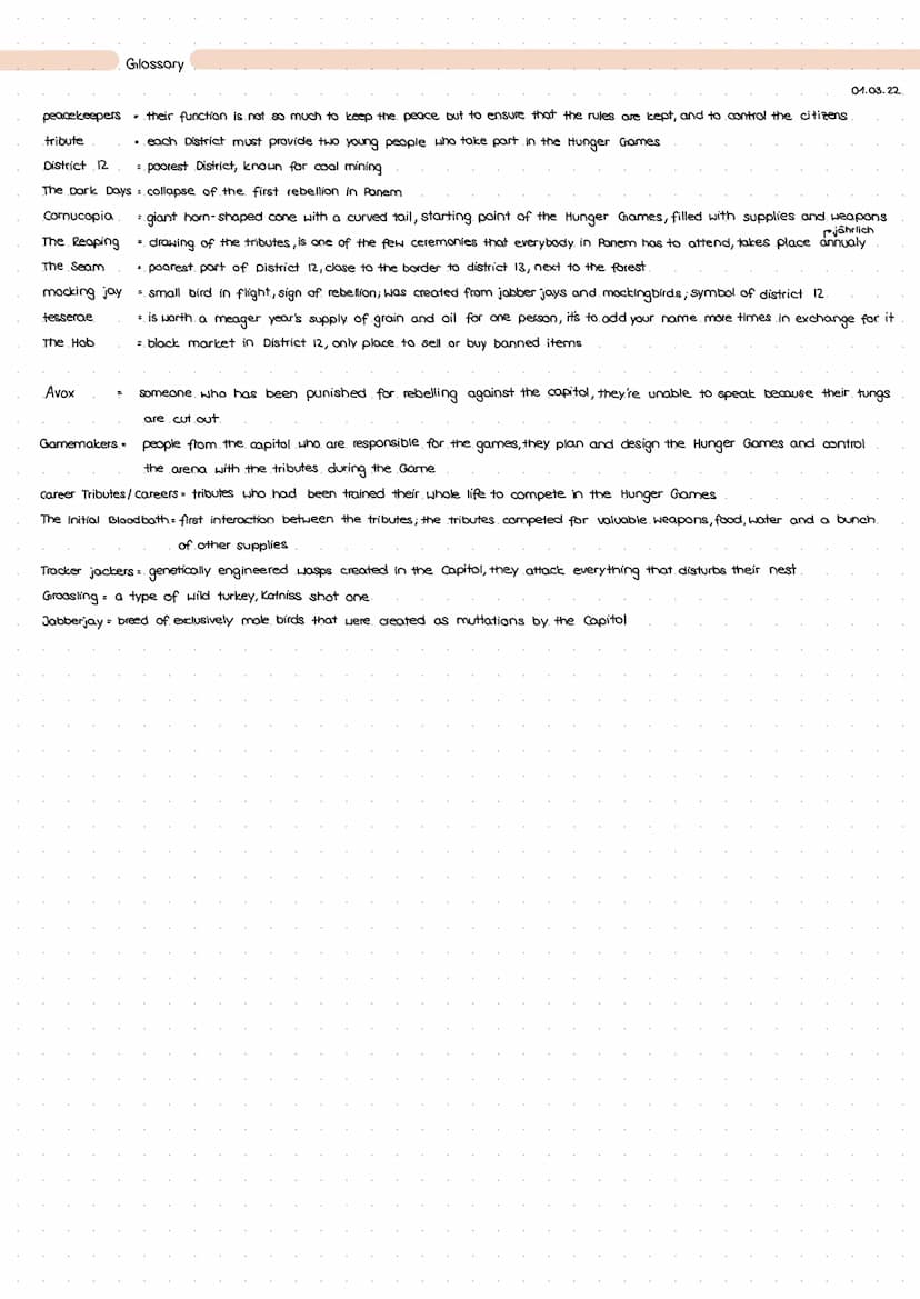 Part 1 "The Tributes"
1
Summary Chapter 1&2
Katniss lives with her sister Prim and her mother in District 12 (her father died in a mine expl