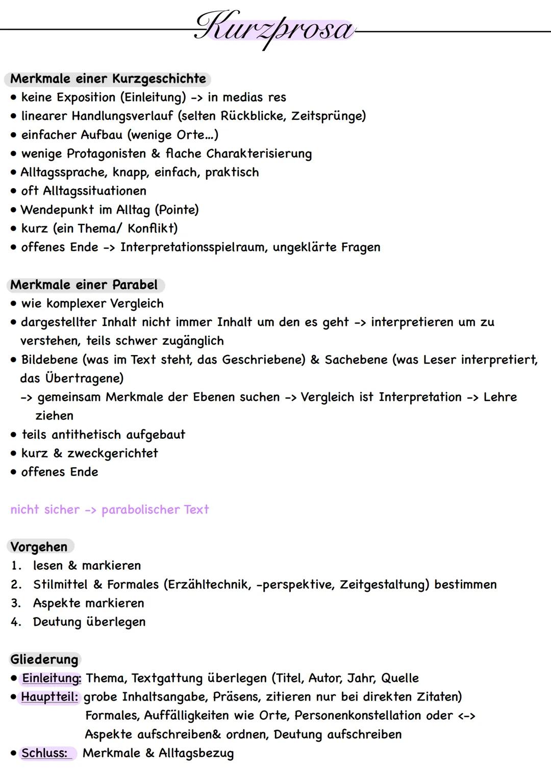 # Kurzprosa-

Merkmale einer Kurzgeschichte

*   keine Exposition (Einleitung) -> in medias res

*   linearer Handlungsverlauf (selten Rückb