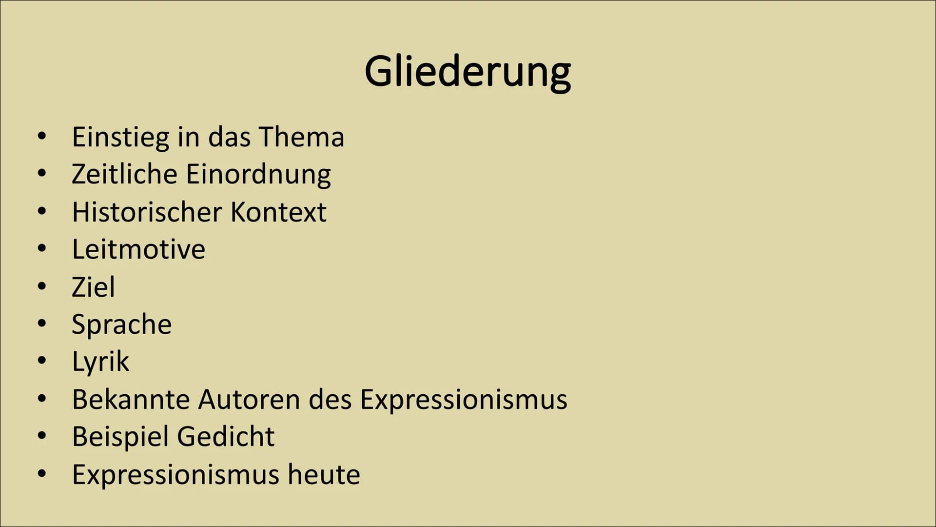 Expressionismus ●
●
●
Einstieg in das Thema
Zeitliche Einordnung
Historischer Kontext
Leitmotive
Ziel
Sprache
Lyrik
Gliederung
Bekannte Auto