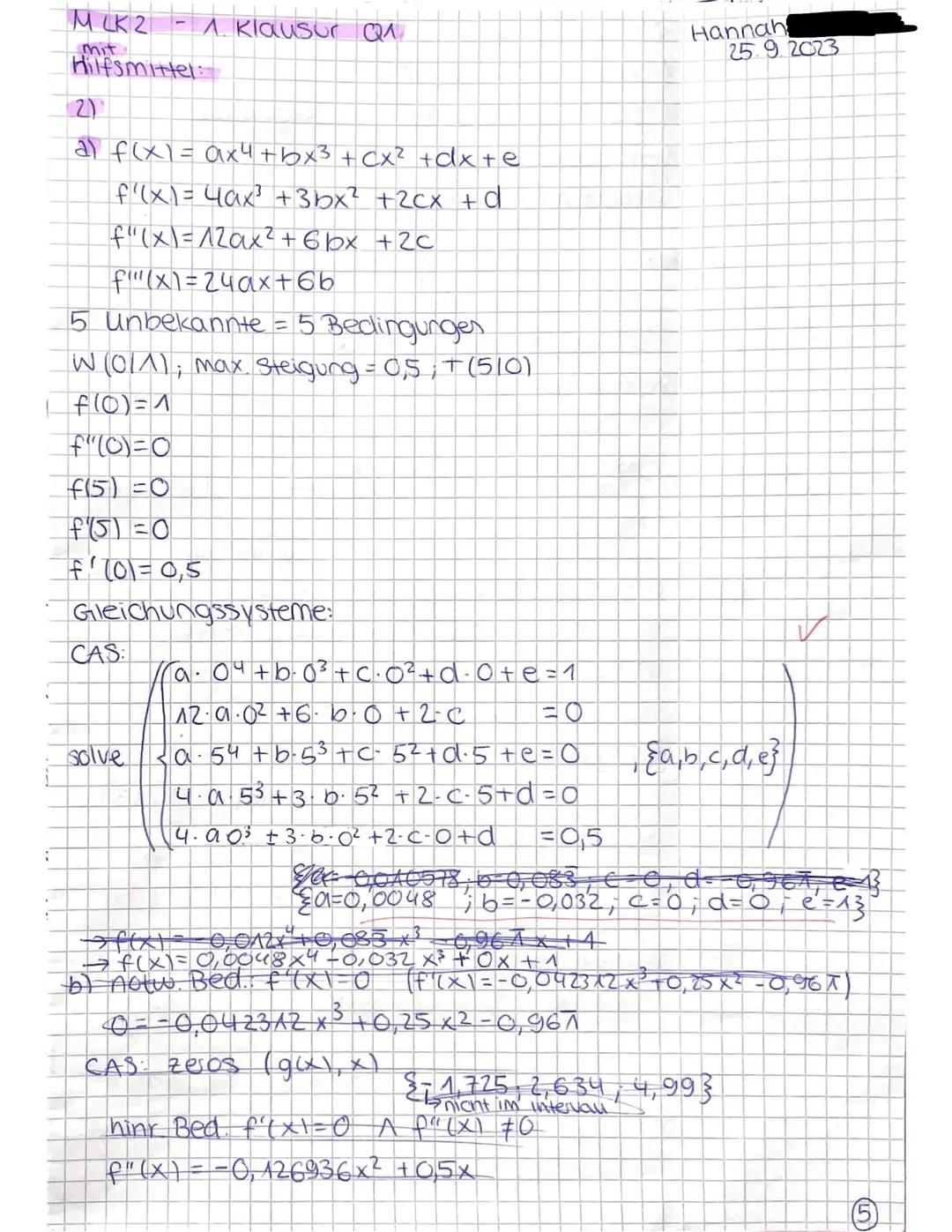 M LK2
hilfsmittelfreier Teil:
LAY
a)
f(x) = ax³ + bx² + cx+d
f'(x) = 3ax² +2bx +C
f"(x)=6ax +2b
€ (014); P (1112); Q (-118)
14 unbekannte = 
