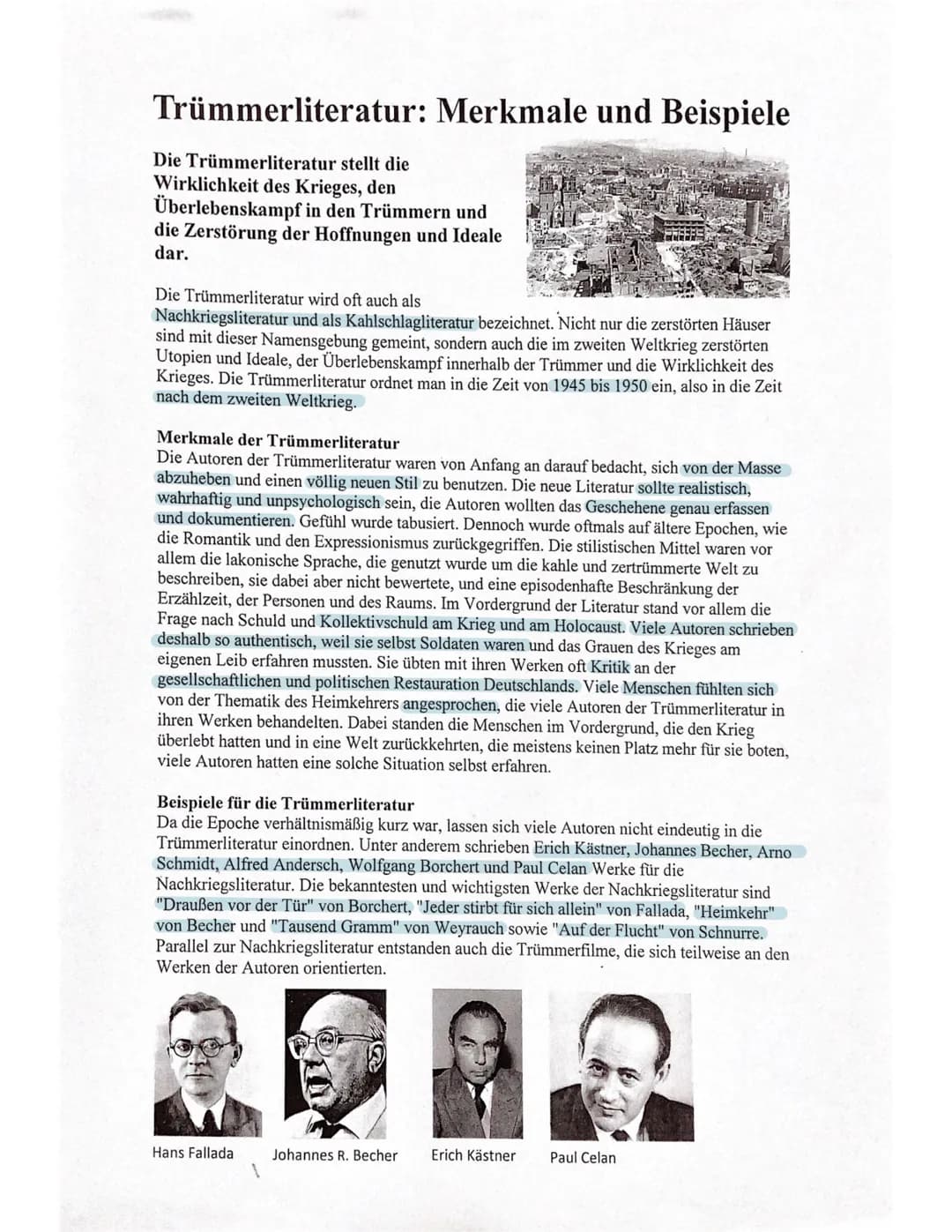 Literature poche
Trümmerliteratur
zeitlich Einordnung
>1945 bis 1950
> Zeit nach dem 2. Weltkrieg
Merkmale
> nennt es auch Nachkriegsliterat