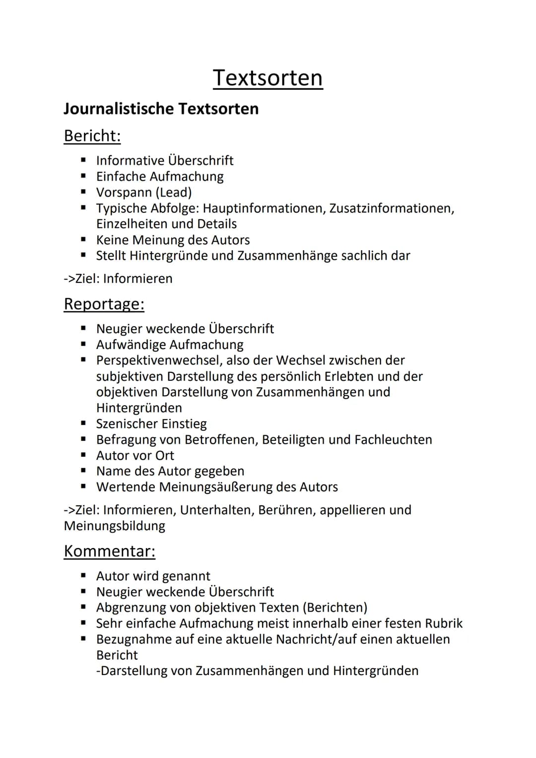 Journalistische Textsorten
Bericht:
Textsorten
▪ Informative Überschrift
▪ Einfache Aufmachung
▪ Vorspann (Lead)
Typische Abfolge: Hauptinfo
