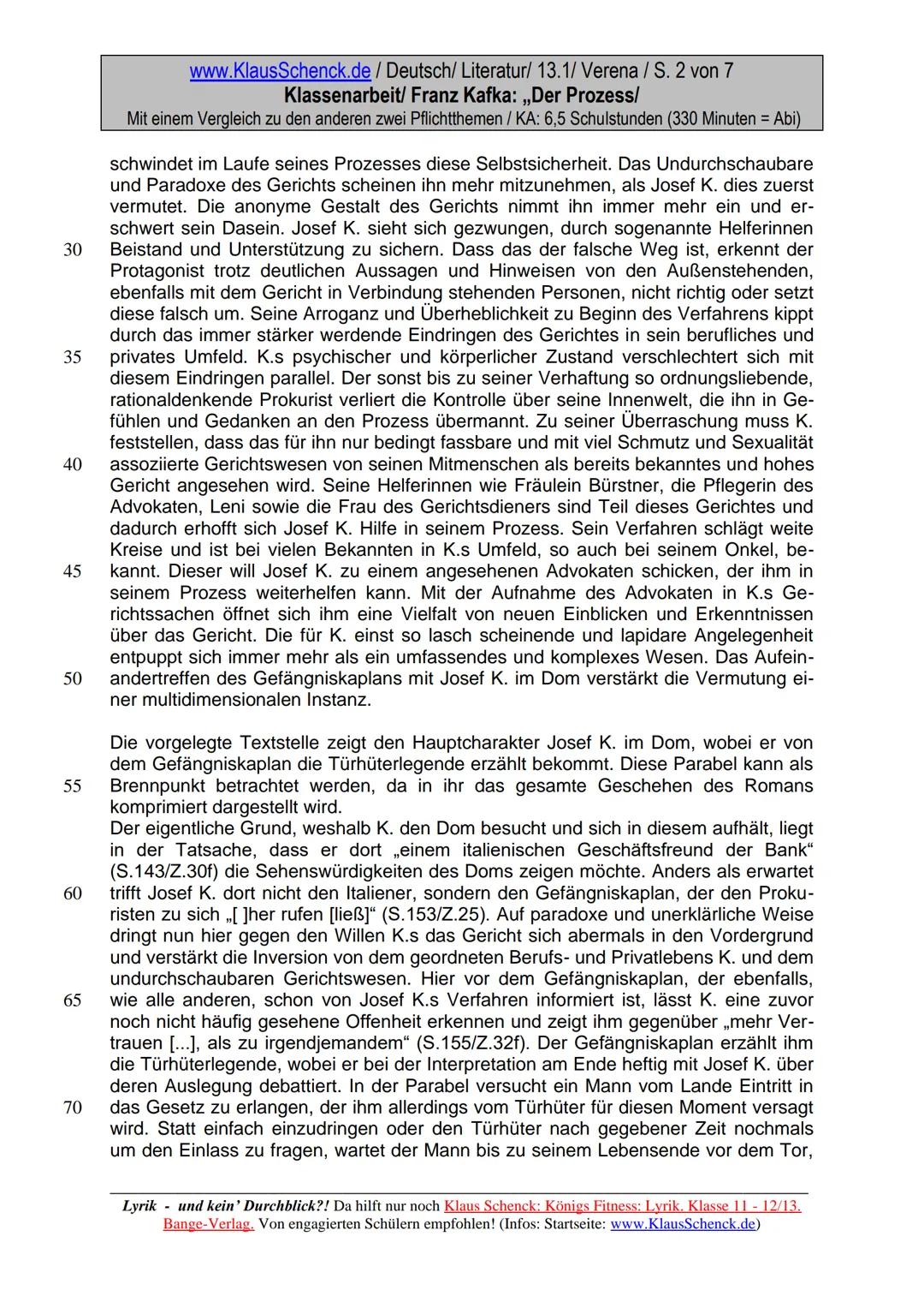 5
10
15
20
25
www.KlausSchenck.de/ Deutsch/ Literatur/ 13.1/ Verena / S. 1 von 7
Klassenarbeit/ Franz Kafka: ,,Der Prozess/
Mit einem Vergle