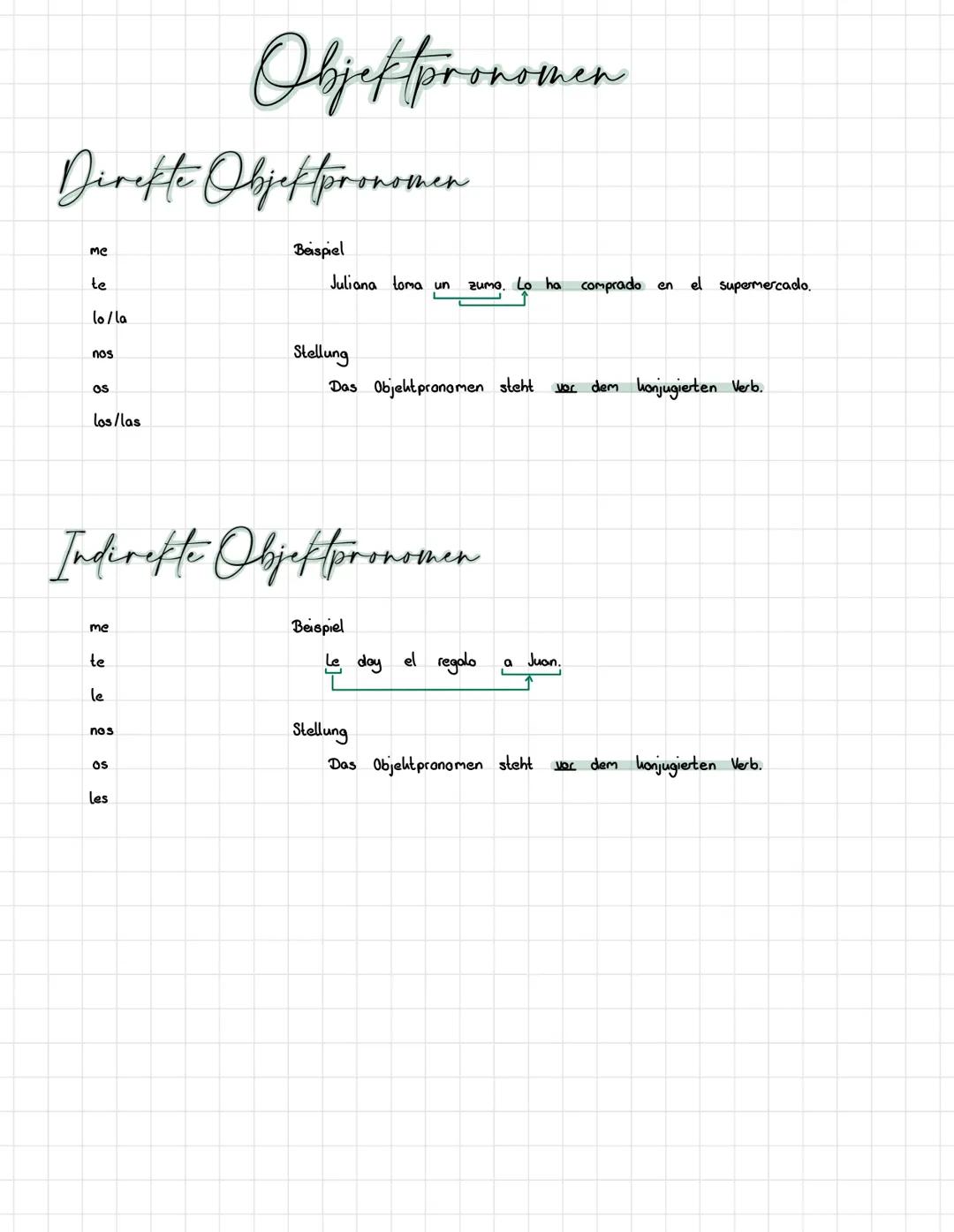 Direkte Objektpronomen
ме
te
lo/la
nos
OS
los/las
me
te
le
Indirekte Objeffpronomen
nos
Objektpronomen
OS
les
Beispiel
Juliana toma un zumo.