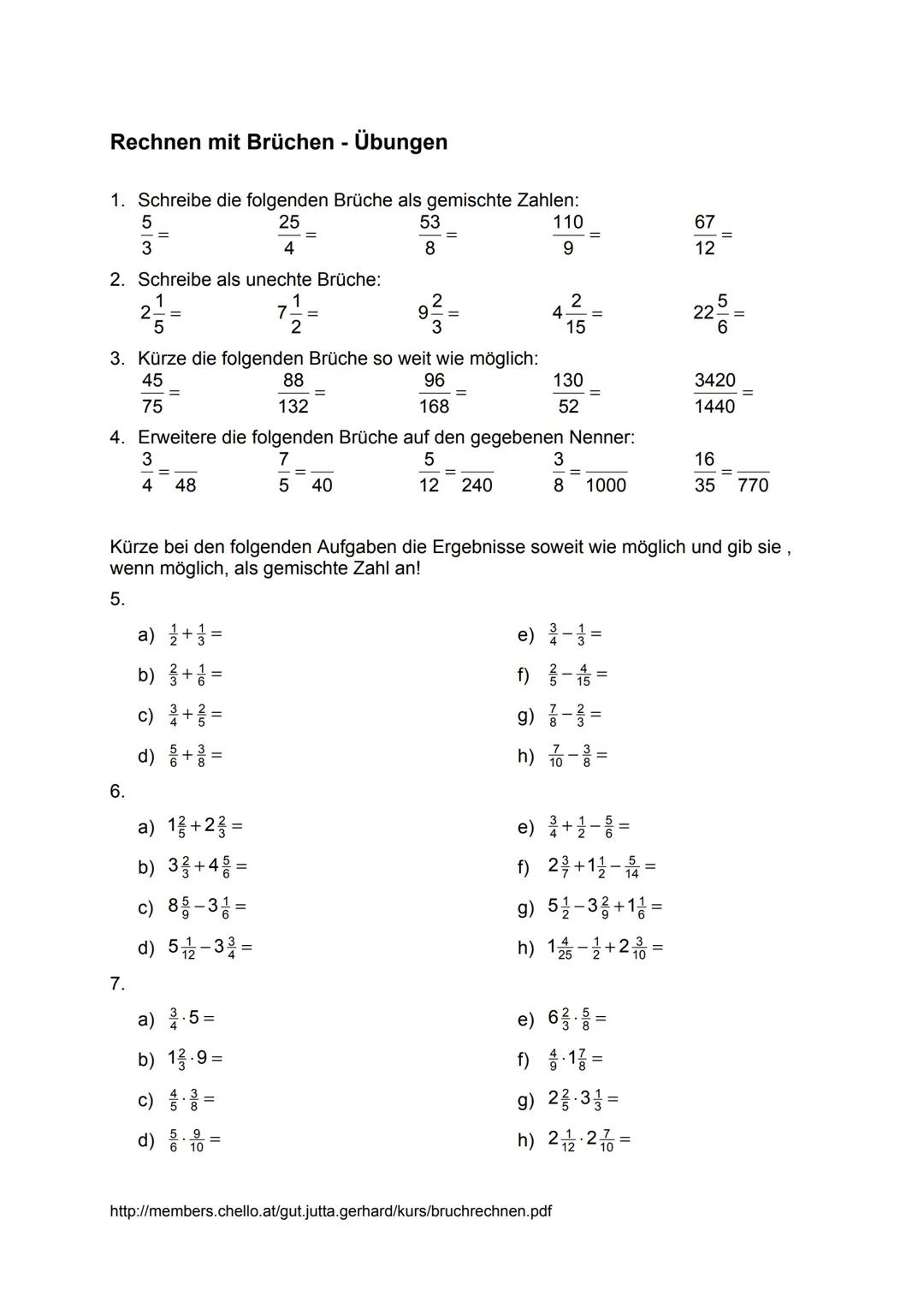 Bruchrechnen Ergebnisse und Übungen