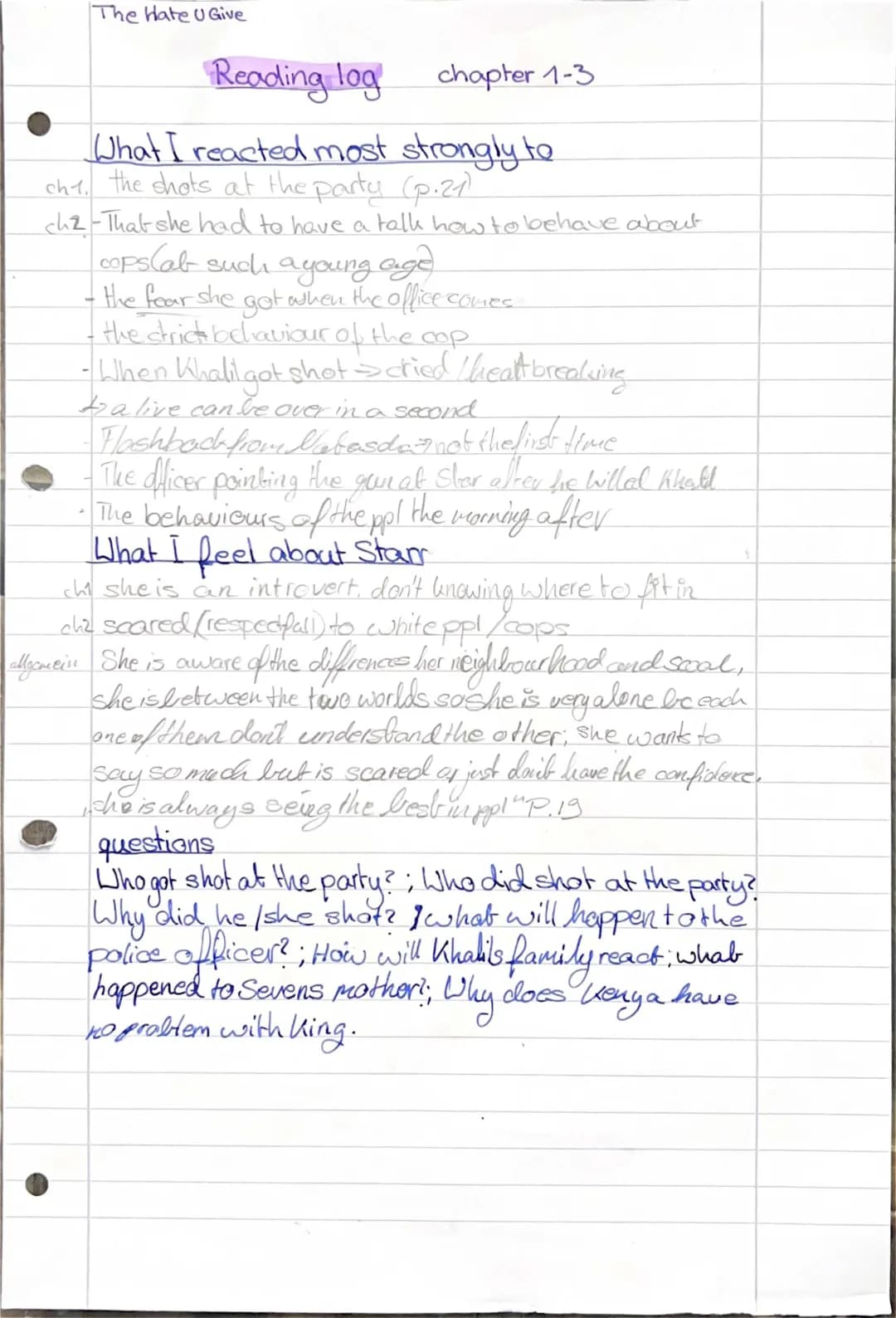 The Hate U Give- Reading log ch.1-3