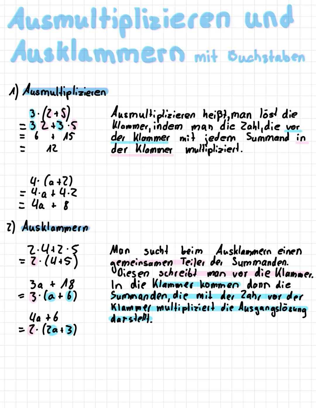 Ausmultiplizieren und Ausklammern mit Buchstaben 