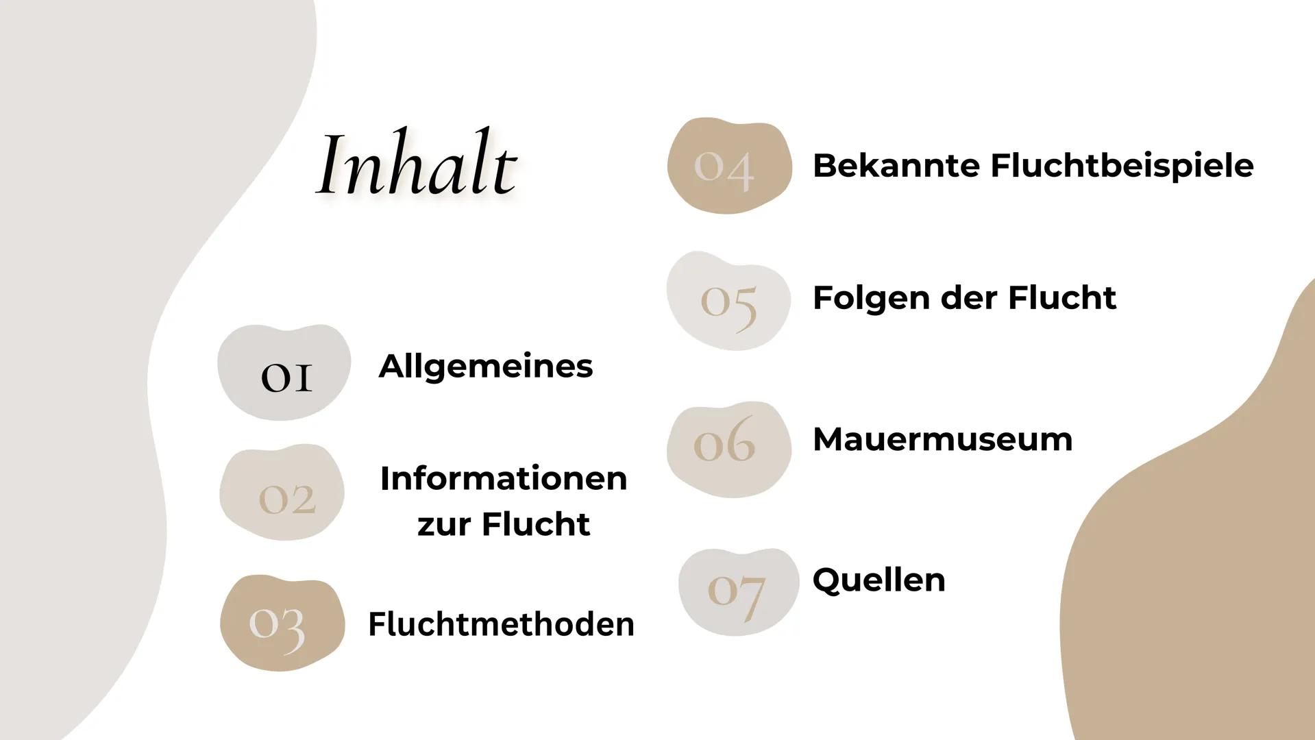 DDR
Fluchtversuche # Inhalt

04 Bekannte Fluchtbeispiele

05 Folgen der Flucht

ΟΙ Allgemeines

06 Mauermuseum

Informationen
02 zur Flucht
