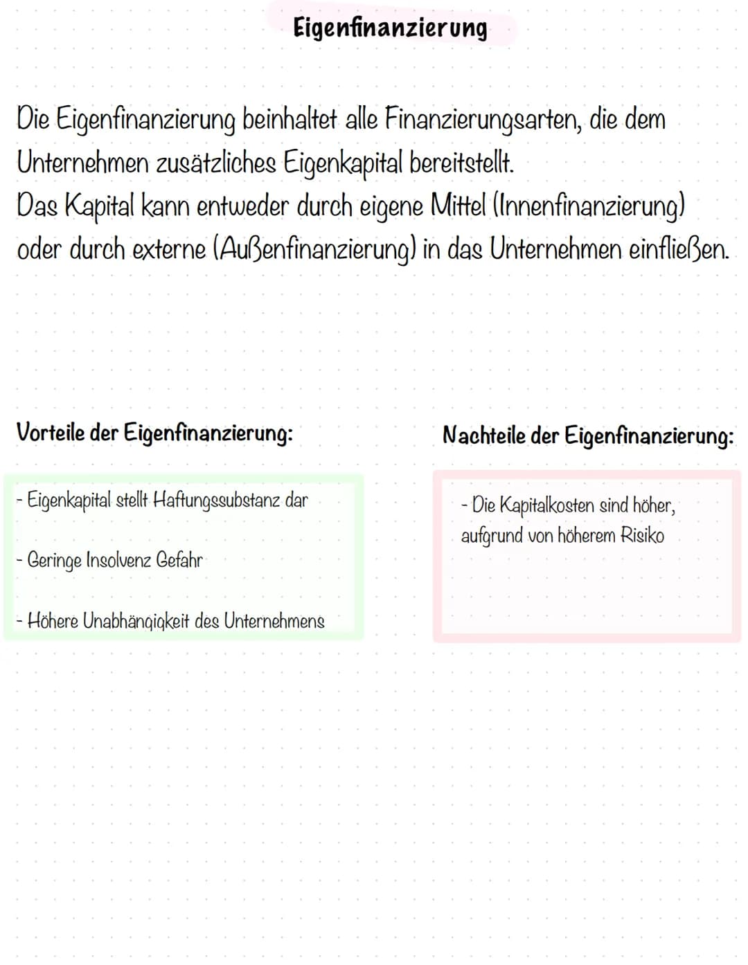 Innenfinanzierung
Die Innenfinanzierung beansprucht im Gegensatz zur Außenfinanzierung
keine externen Kapitalgeber. Um Investitionen zu täti