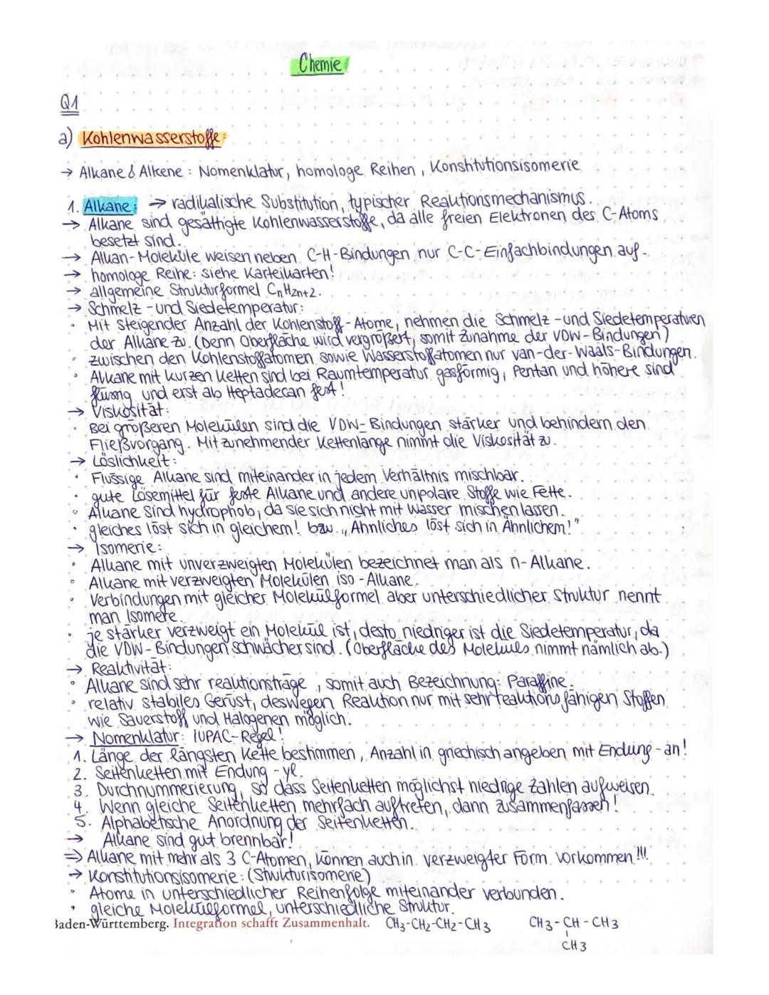 Q1
Chemie
Kohlenwasserstoffe:
→Alkane & Alkene: Nomenklatur, homologe Reihen, Konstitutionsisomerie
1. Alkane → radikalische Substitution, t
