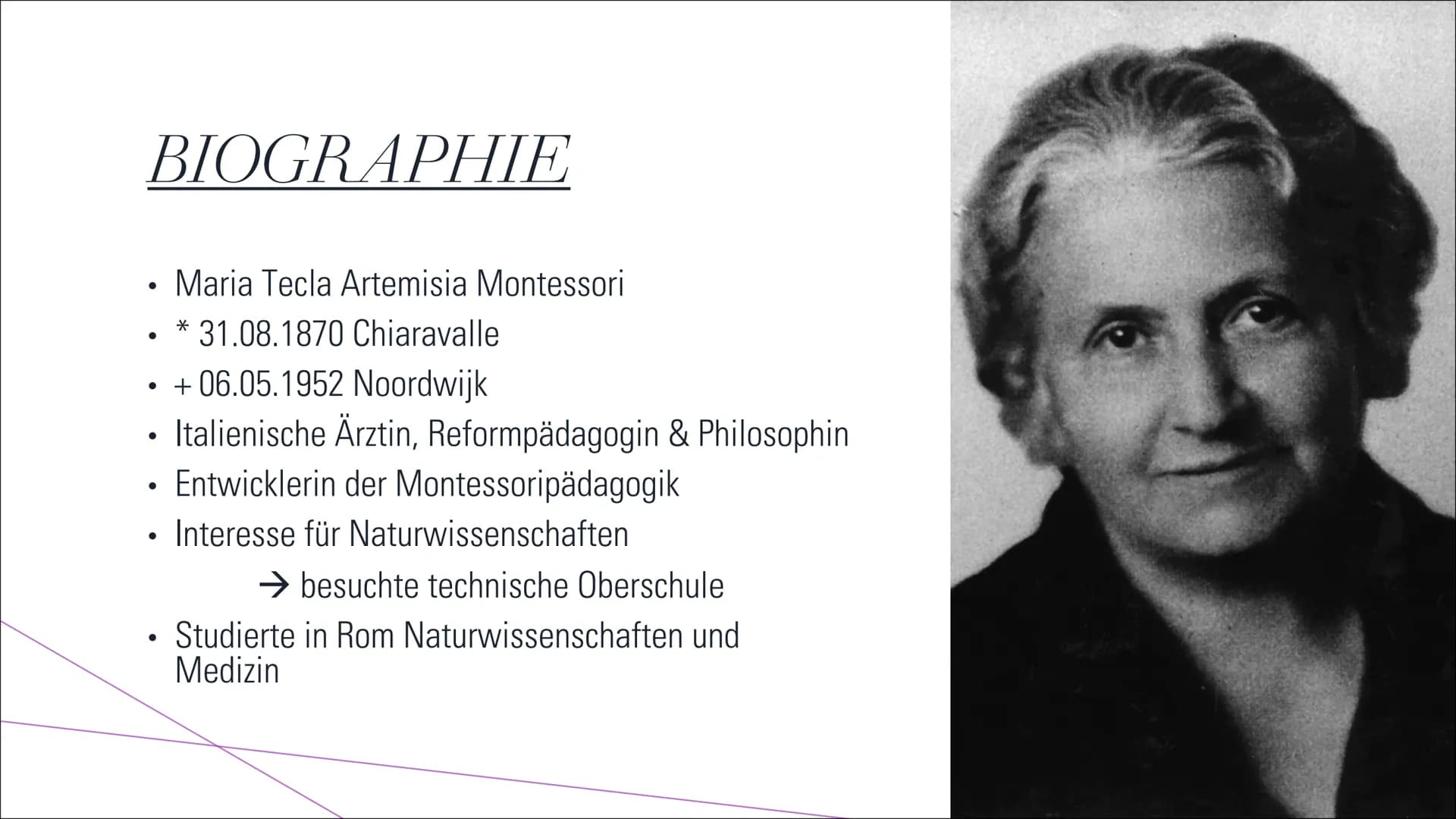 MARIA
MONTESSORI INHALTS-
VERZEICHNIS
Maria Montessori
Montessori- Schulen
Montessori Pädagogik
Biographie
Schulen
Ziele & Grundannahmen
Erz