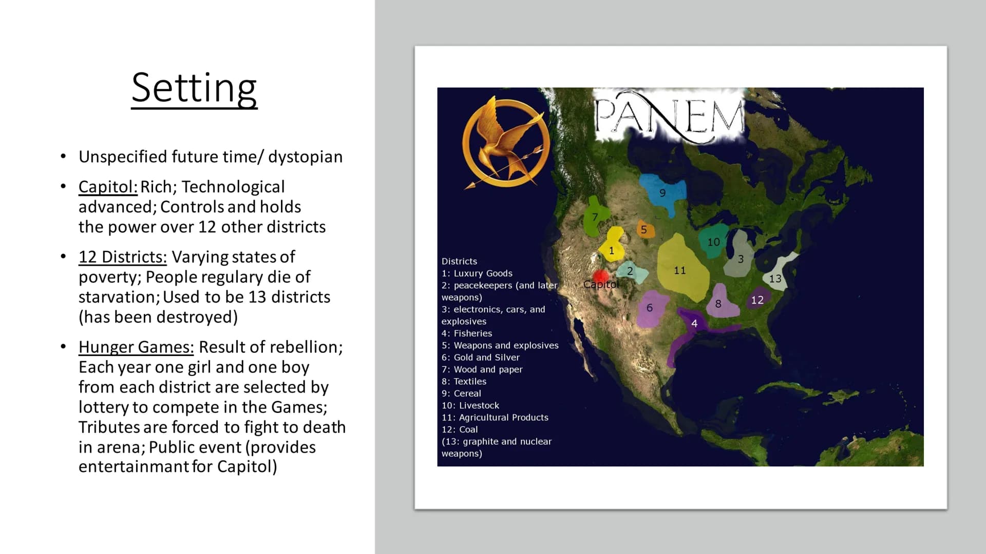 The Hunger
Games Table of Contents
Definition Utopia/Dystopia
General information
Summary/The Key Moments
Setting
Characters
Dystopian eleme