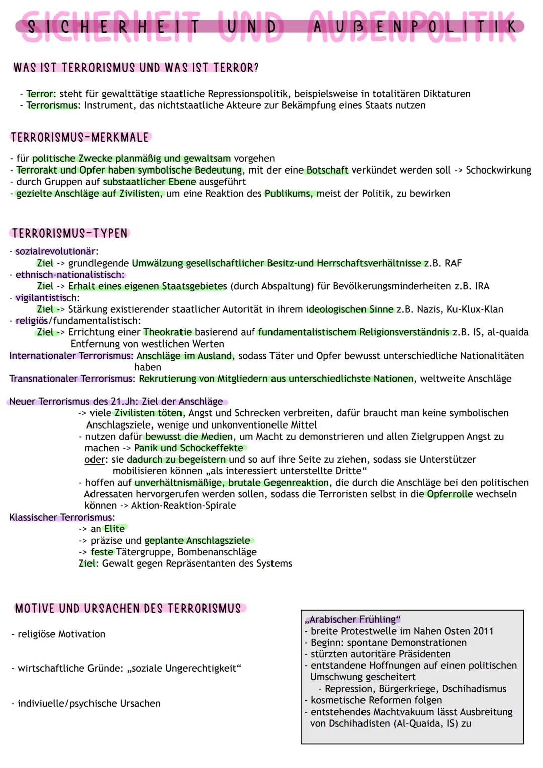 SICHERHEIT UND AUBENPOLITIK
WAS IST TERRORISMUS UND WAS IST TERROR?
- Terror: steht für gewalttätige staatliche Repressionspolitik, beispiel