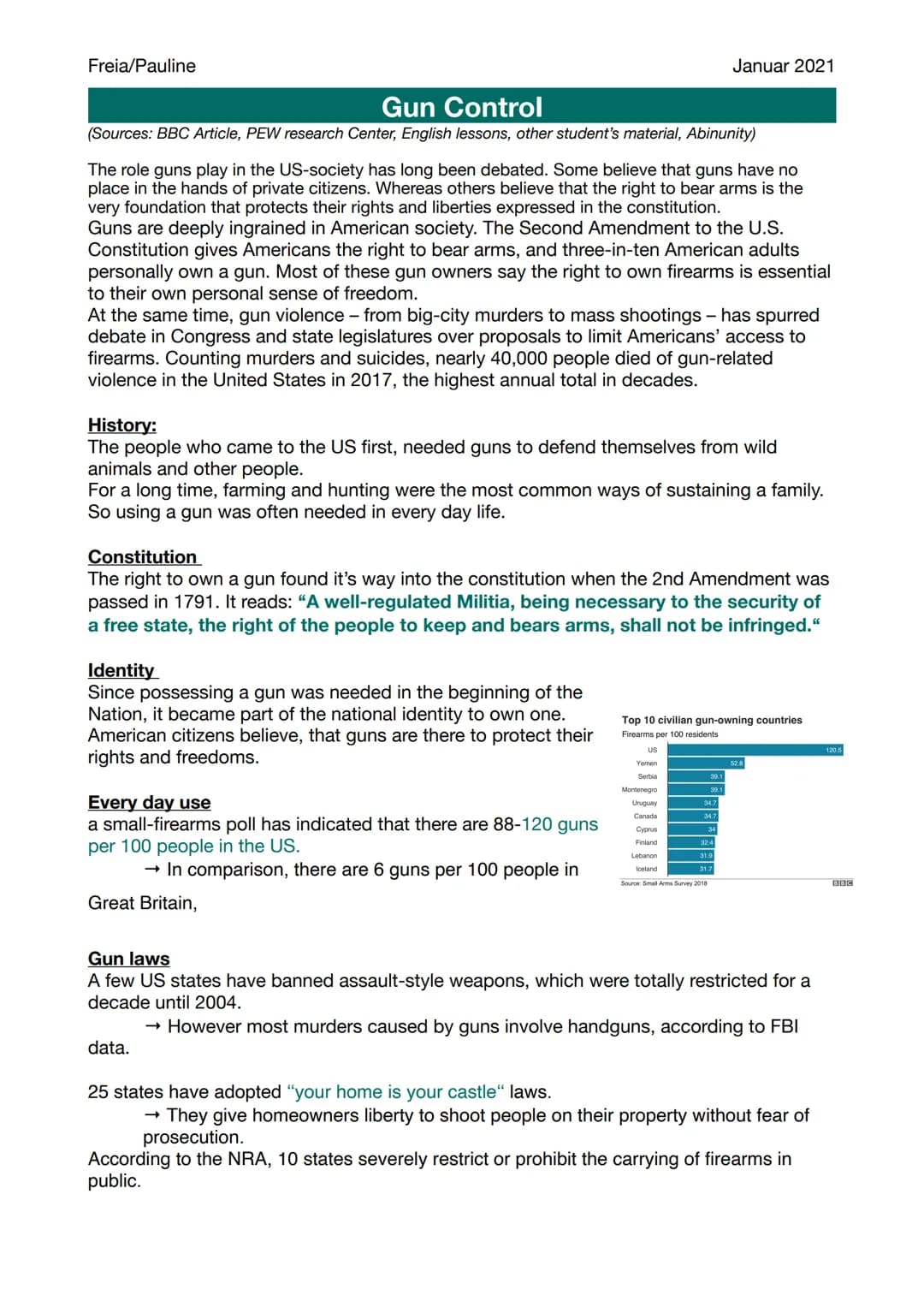 Freia/Pauline
Gun Control
(Sources: BBC Article, PEW research Center, English lessons, other student's material, Abinunity)
The role guns pl