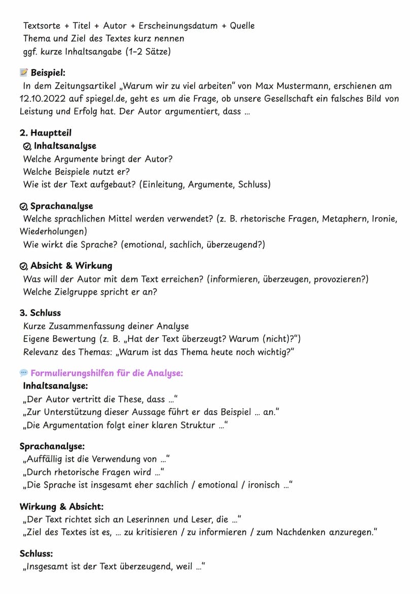 --- OCR Start ---
Schluss
Deutung/Interpretation zusammenfassen
Eigene Meinung / Bezug zur Gegenwart möglich
Wichtige Analyse-Punkte:
Wer sp