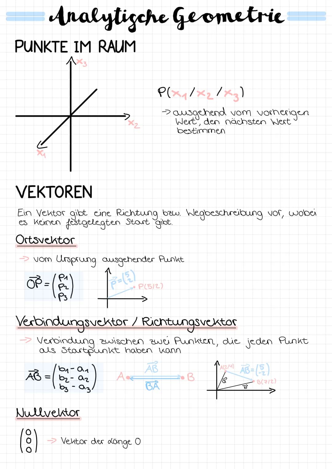 Analytische Geometrie
PUNKTE IM RAUM
=
VEKTOREN
Ein Vektor gibt eine Richtung bzw. Wegbeschreibung vor, wobei
es keinen festgelegten Start g