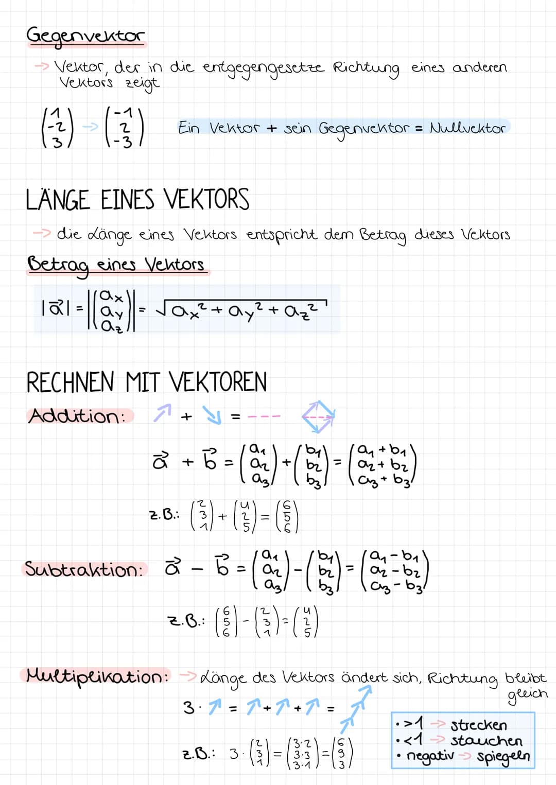 Analytische Geometrie
PUNKTE IM RAUM
=
VEKTOREN
Ein Vektor gibt eine Richtung bzw. Wegbeschreibung vor, wobei
es keinen festgelegten Start g