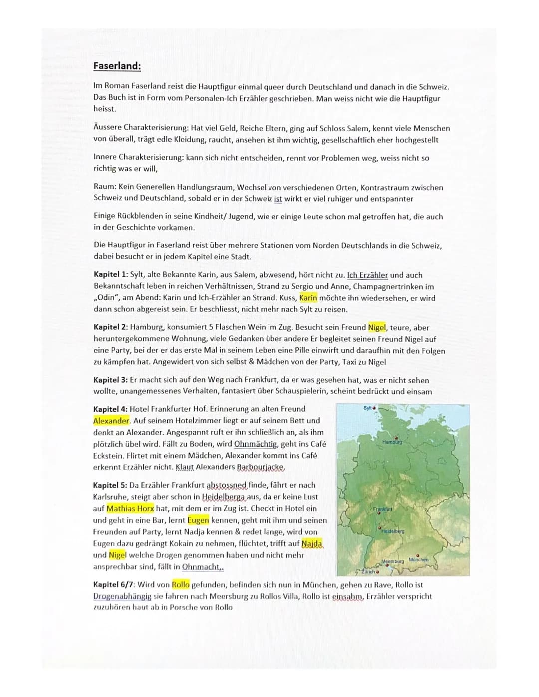 Faserland:
Im Roman Faserland reist die Hauptfigur einmal queer durch Deutschland und danach in die Schweiz.
Das Buch ist in Form vom Person