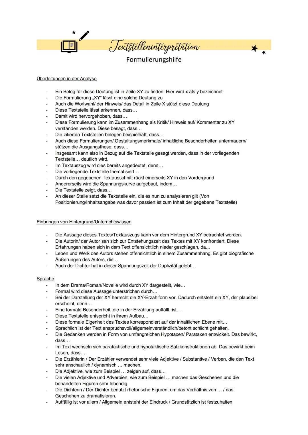 # Textstelleninterpretation
AUFBAU

Beachten der Aufgabenstellung:

Interpretiere die Textstelle und beziehe das für das Verständnis Wesentl