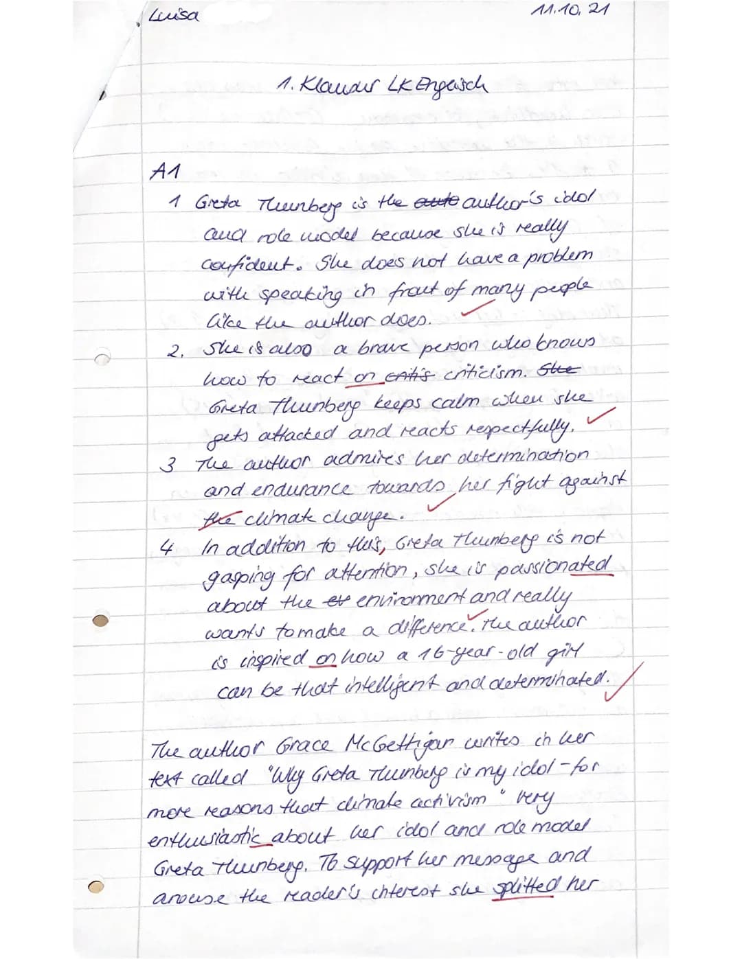 Friedrich-Schiller-Gymnasium
1. Klausur LK Englisch ,,Living one's Life - Individuals in Society"
Name: Lusa
Datum: M.10.21
Hilfsmittel: ein