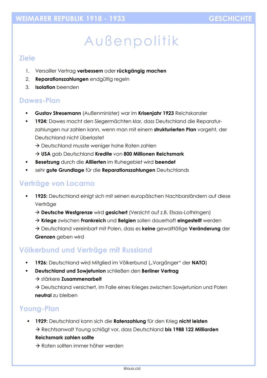 # WEIMARER REPUBLIK 1918-1933

# Außenpolitik

GESCHICHTE

## Ziele

1.  Versailler Vertrag verbessern oder rückgängig machen
2.  Reparation