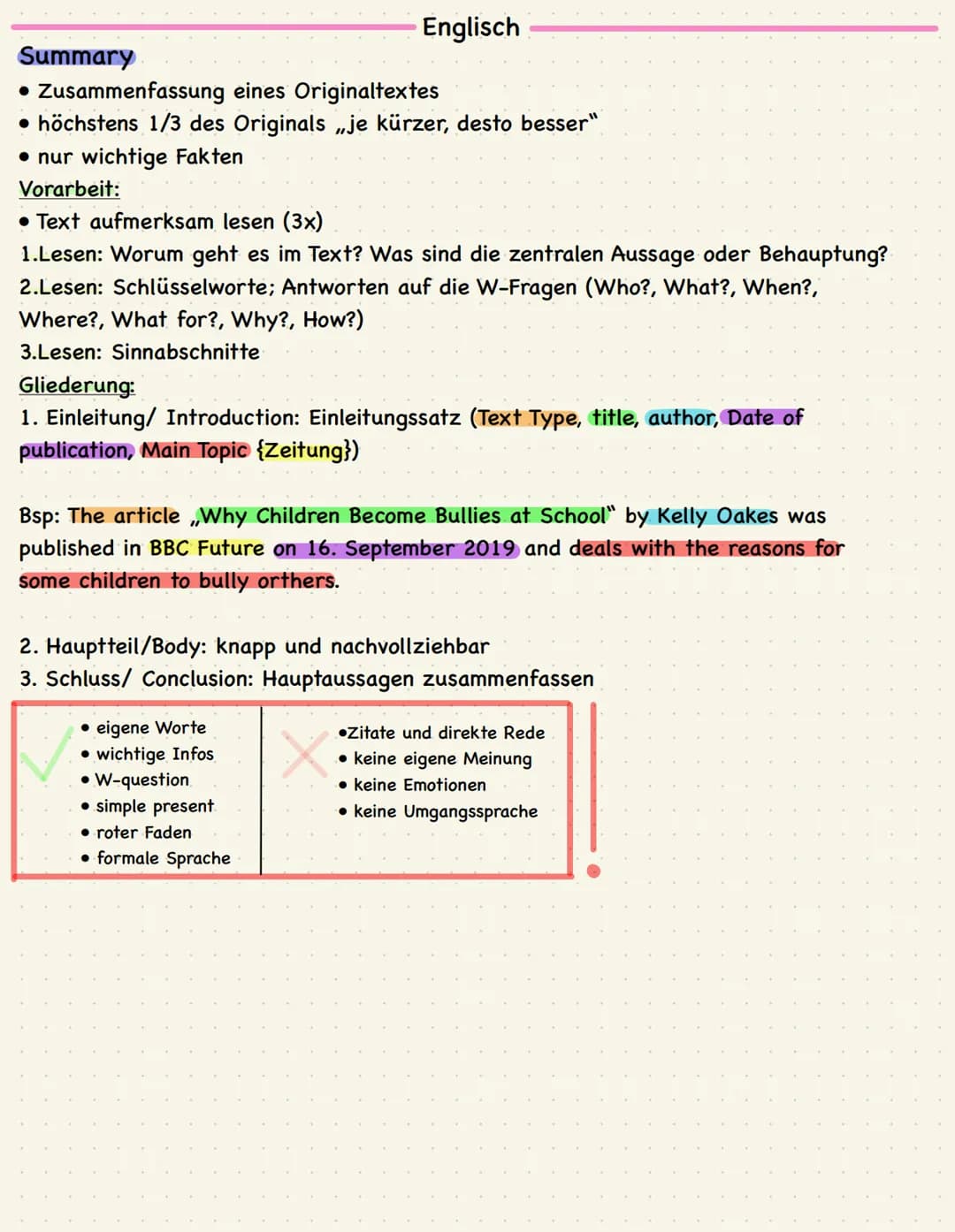 Summary
• Zusammenfassung eines Originaltextes
• höchstens 1/3 des Originals je kürzer, desto besser"
• nur wichtige Fakten
Vorarbeit:
• Tex