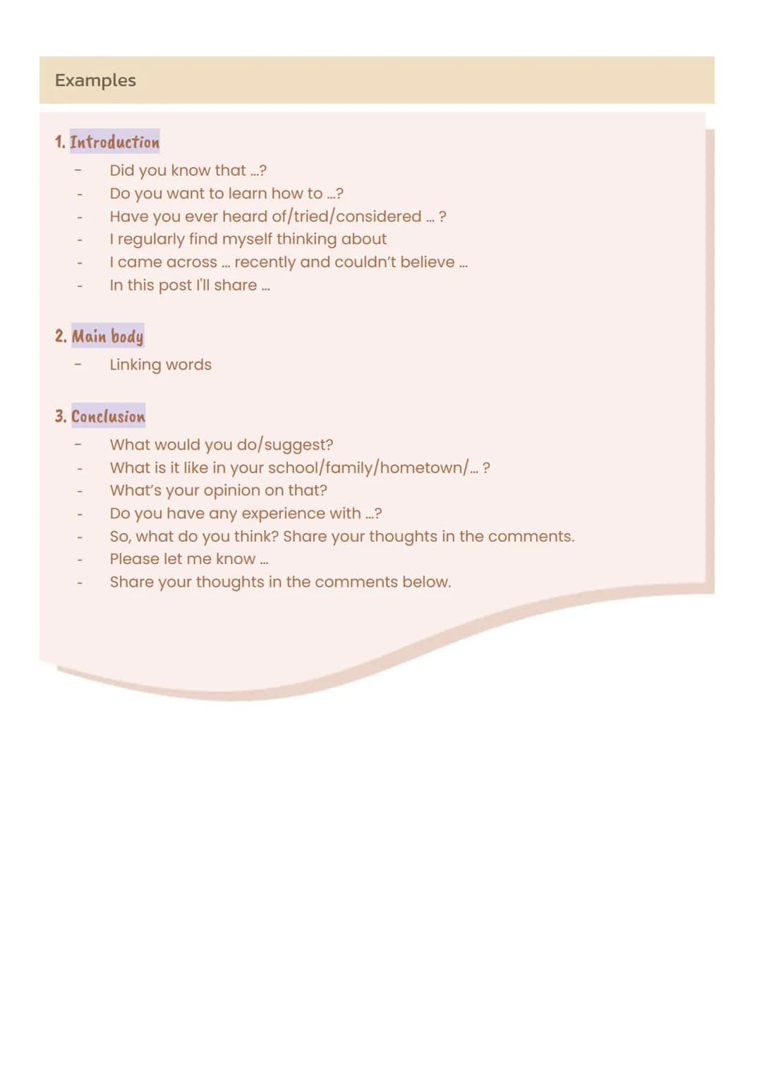 O
O
* Definition
O Blogs are published on the internet
Structure
O
O
O
O
O
English - 21.10.2021
Catchy title
Blog post
Text types
Mostly rea