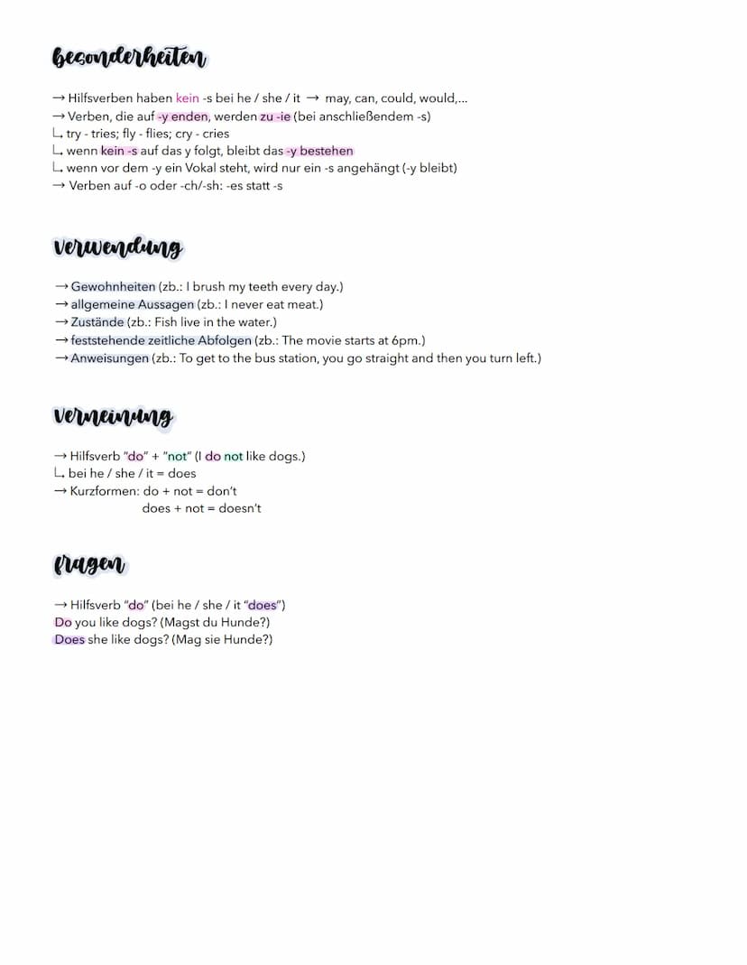simple present
→ englische Gegenwartsform (einfache Gegenwart)
→ Handlungen in der Gegenwart, die regelmäßig oder wiederholt stattfinden
→ H