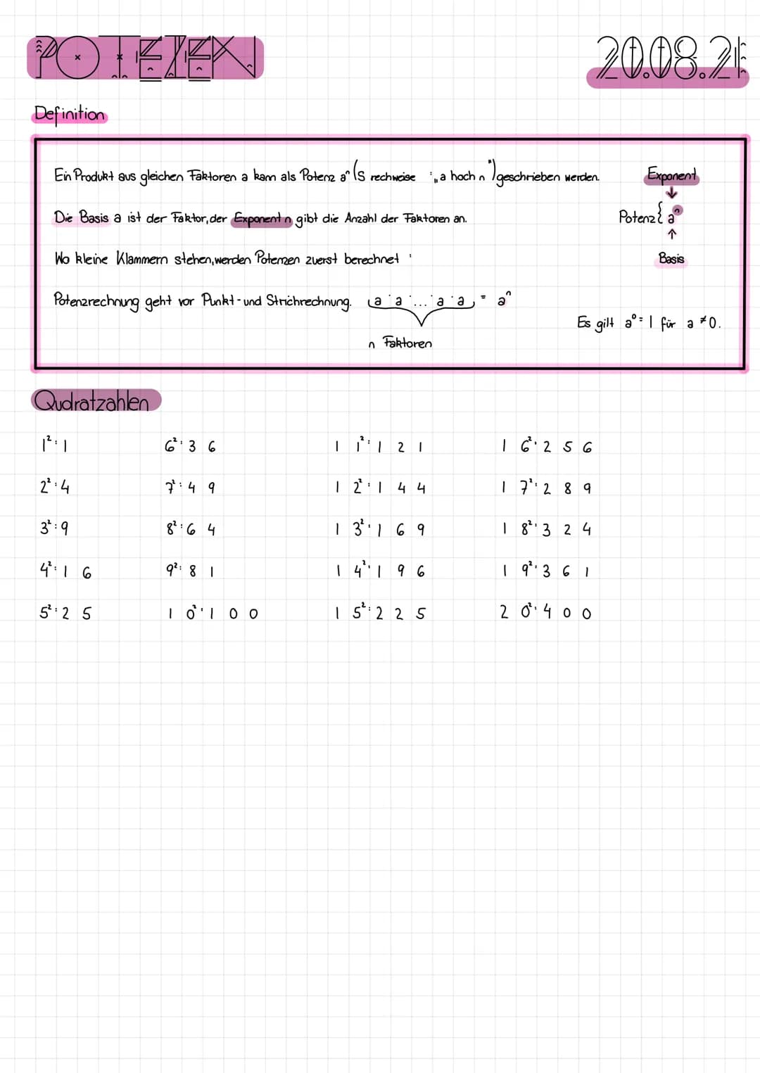 POTEÏEN
Definition
Ein Produkt aus gleichen Faktoren a kam als Potenz als rechweise a hoch n ") geschrieben
Die Basis a ist der Faktor, der 