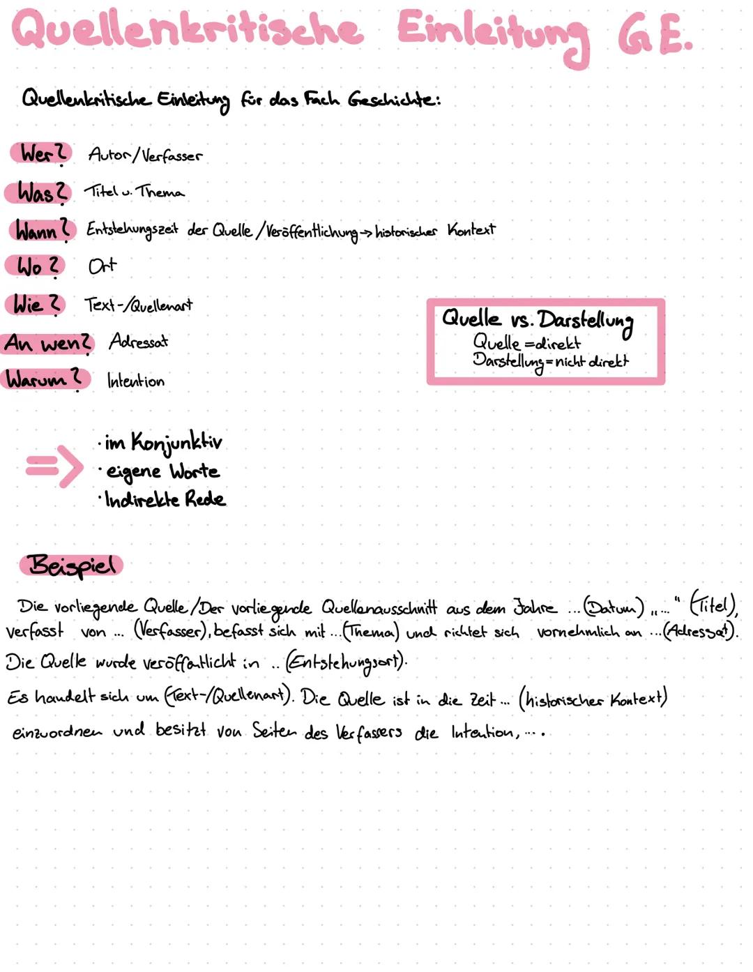 Quellenkritische Einleitung GE.
Quellenkritische Einleitung für das Fach Geschichte:
Wer? Autor/Verfasser
Was? Titel. Thema
Wann? Entstehung