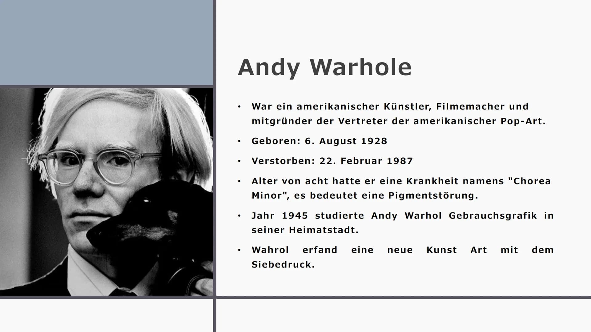 POP-ART Inhalt
●
●
●
●
●
Pop-Art in unsere
Generation
●
Andy Warhole
Bildanalyse
Einführung
Epoche Pop-Art
Epcohenmerkmale
• Deutungshypothe