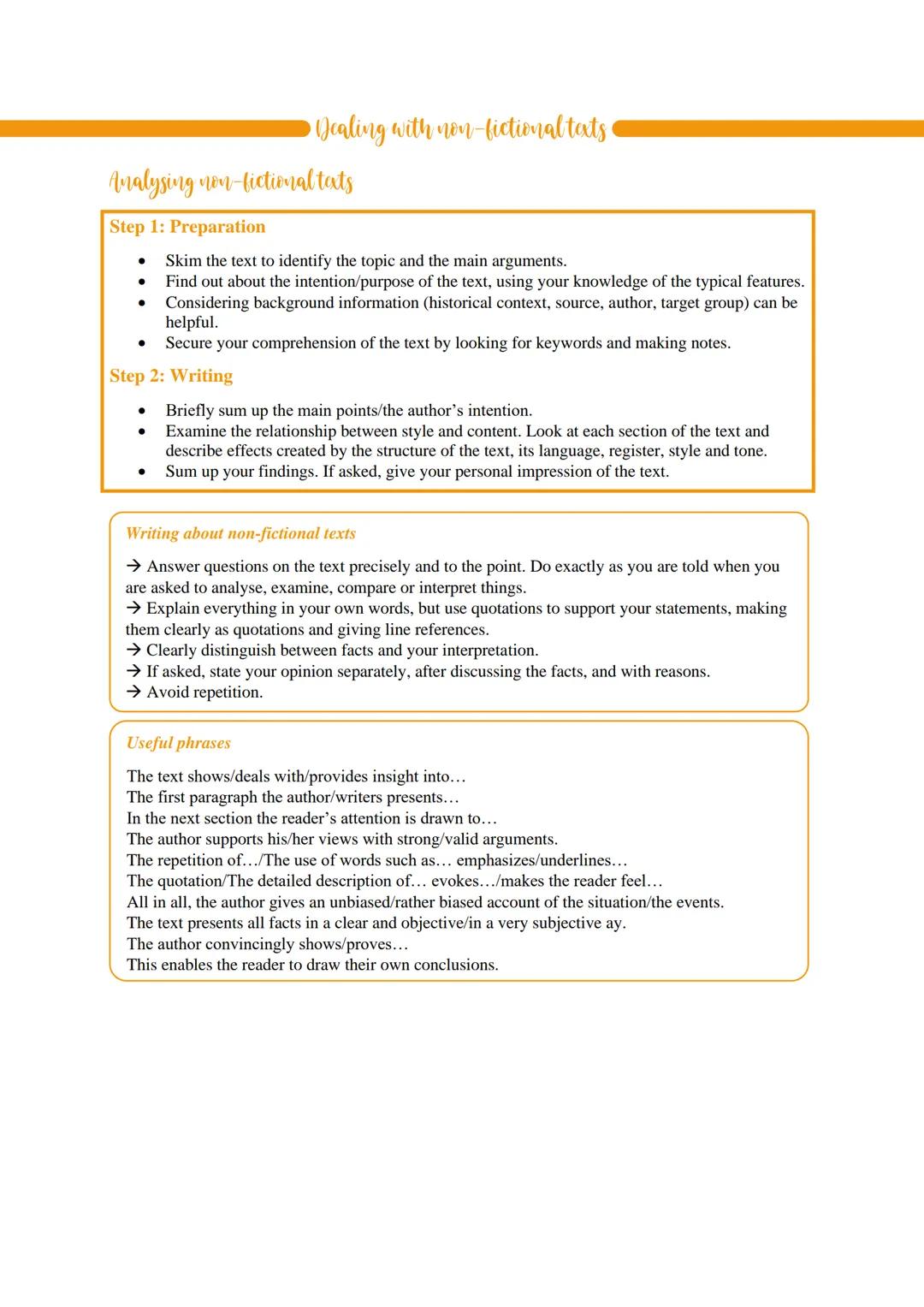 # Dealing with non-fictional texts

# Analysing non-fictional tats

## Step 1: Preparation

- Skim the text to identify the topic and the ma
