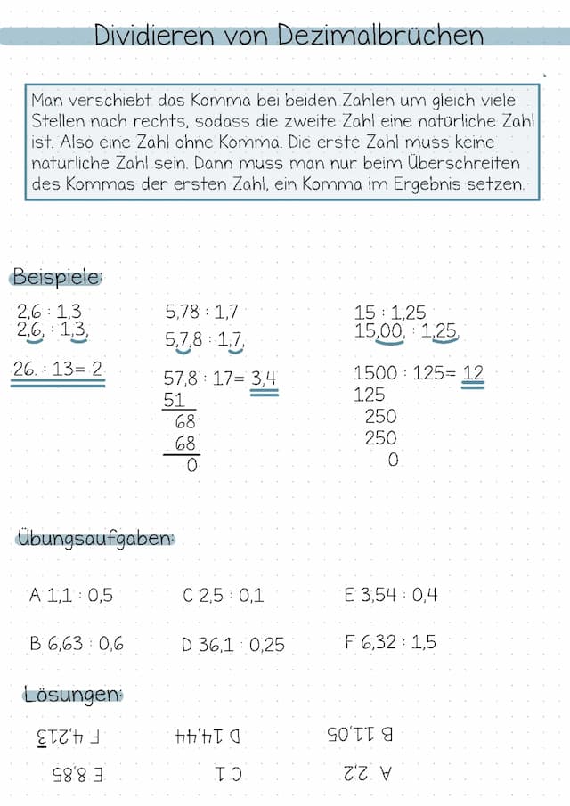 Know Dezimalzahlen/-Brüche dividieren/dividieren von Dezimalzahlen mit Übungsaufgaben thumbnail