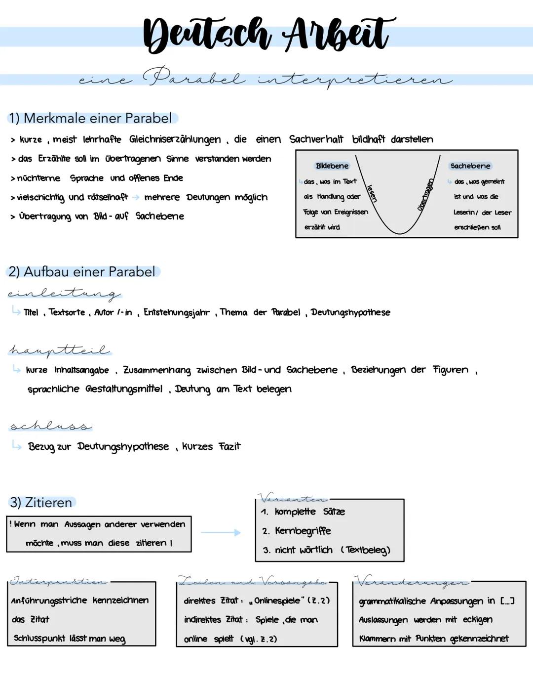 eine
Deutsch Arbeit
Parabel interpretieren
1) Merkmale einer Parabel
> kurze,
meist lehrhafte Gleichniserzählungen, die einen Sachverhalt bi