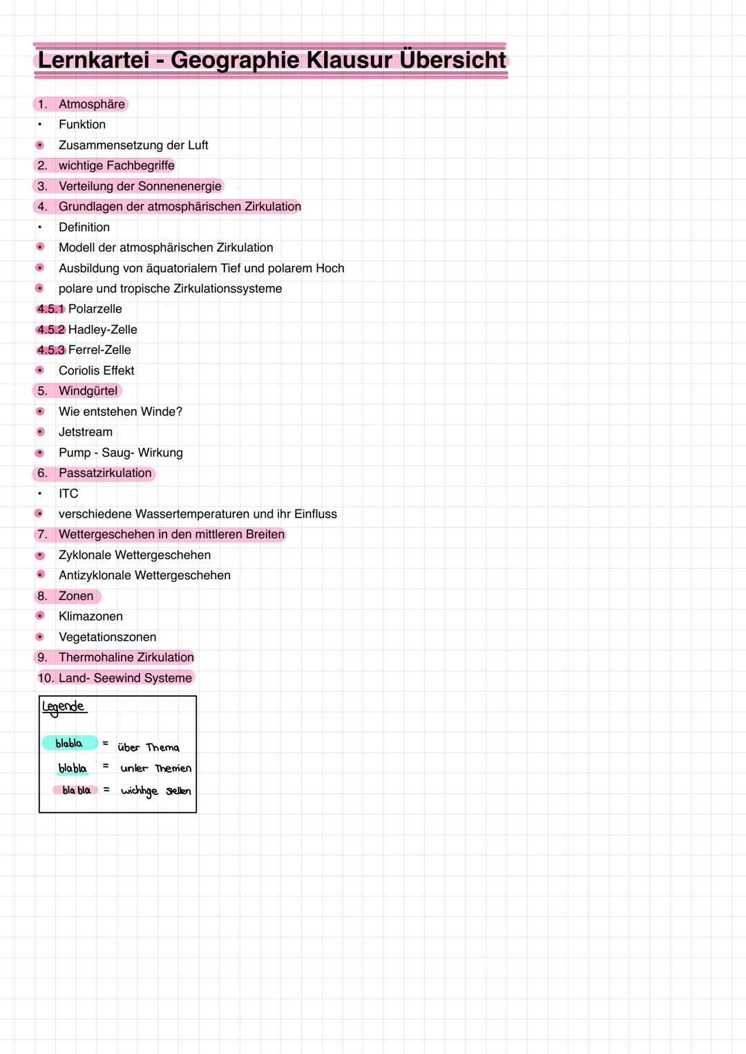 # Lernkartei - Geographie Klausur Übersicht

1. Atmosphäre
 * Funktion
 * Zusammensetzung der Luft
2. wichtige Fachbegriffe
3. Verteilung de