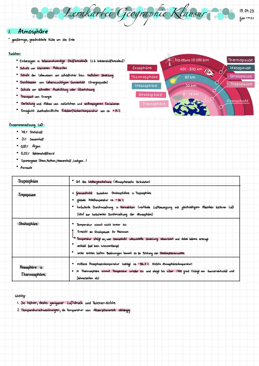 # Lernkartei - Geographie Klausur Übersicht

1. Atmosphäre
 * Funktion
 * Zusammensetzung der Luft
2. wichtige Fachbegriffe
3. Verteilung de