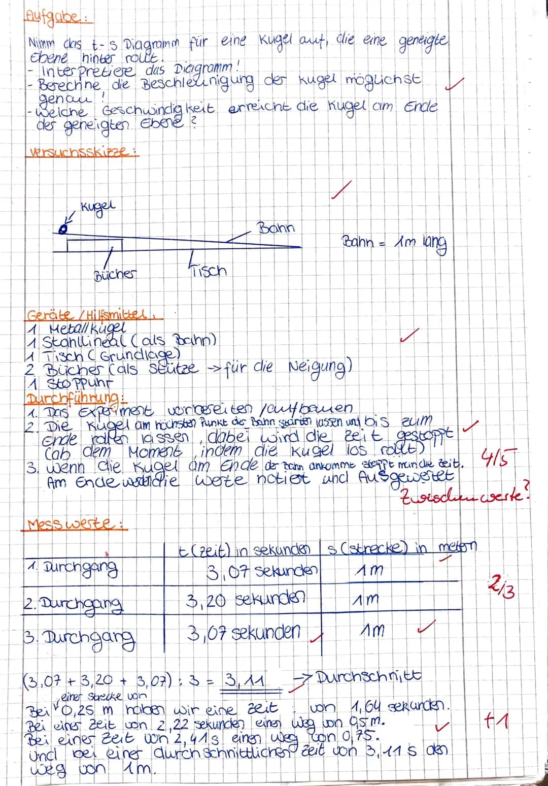 Aufgabe:
Nimm das t-s Diagramm für eine Kugel auft, die eine geneigte
Ebene hinter rout.
Interpretiere das Diagramm!
Berechne die Beschleuni