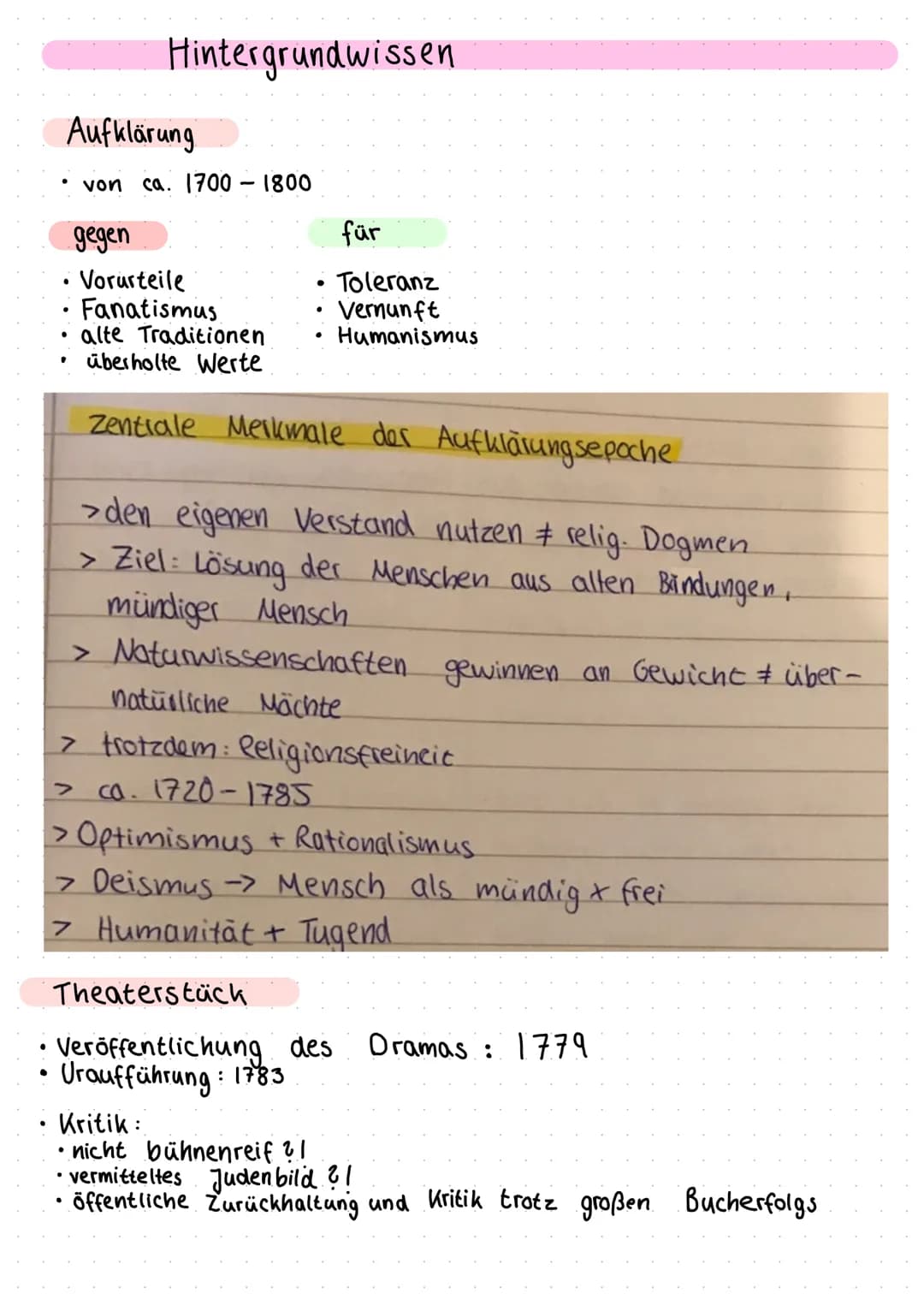 Nathan der Weise ●
●
Aufklärung
von ca. 1700-1800
gegen
Vorurteile
Fanatismus
.
•
Hintergrundwissen
•
●
für
Toleranz
Vernunft
Humanismus
alt