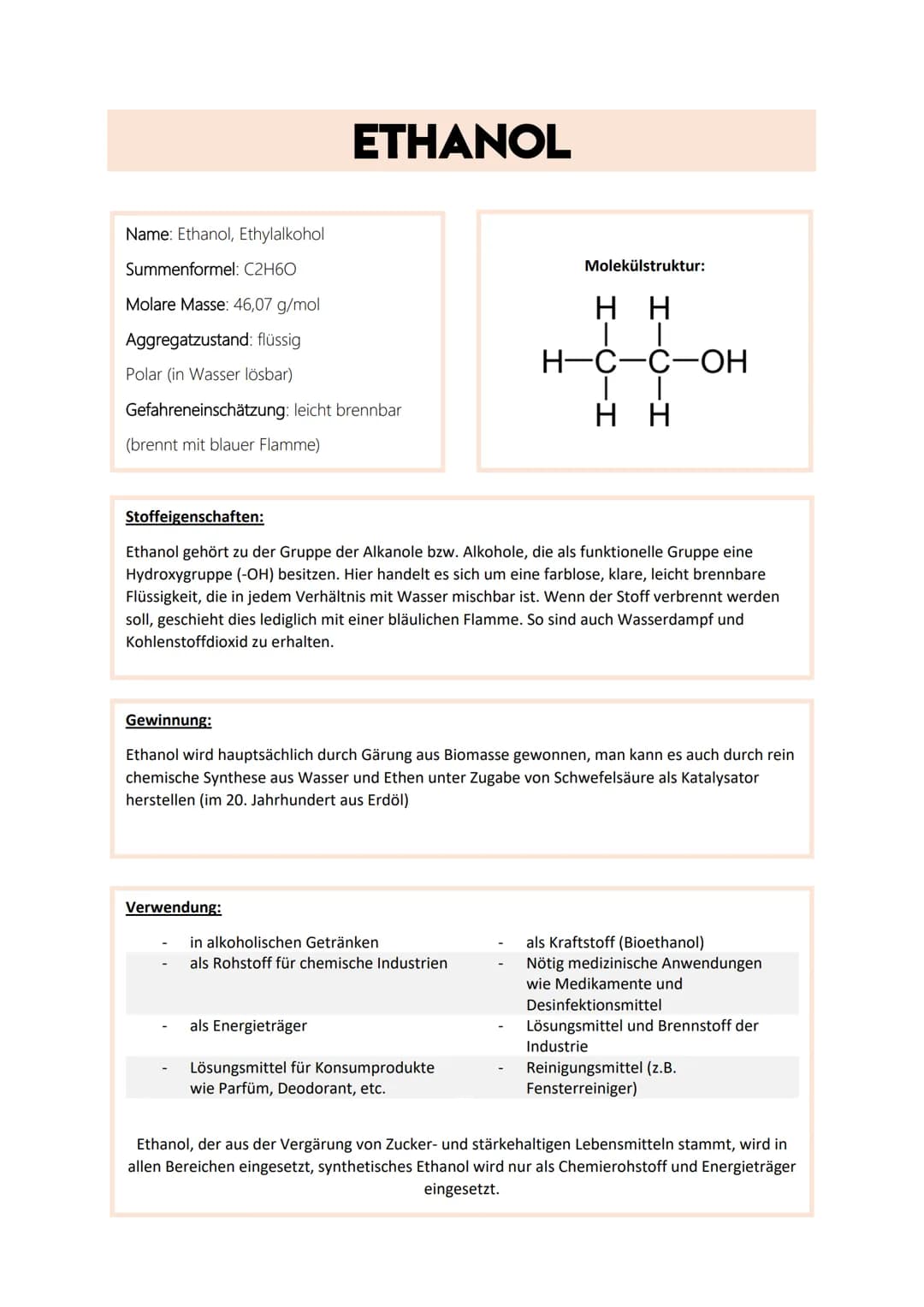 Name: Ethanol, Ethylalkohol
Summenformel: C2H6O
Molare Masse: 46,07 g/mol
Aggregatzustand: flüssig
Polar (in Wasser lösbar)
Gefahreneinschät