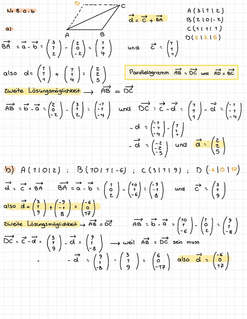 S. 149 Nr. 2
b) A (-51-3); B (21-8)
AB= 6-a
ABI
7
*(-3)-(:3) * (-³)
= 7²+ (-s)² √49+ 25 =
Nr. 5
f) A (11516); B(11617)
AB=b-a.
( ! ) - ( 1 )