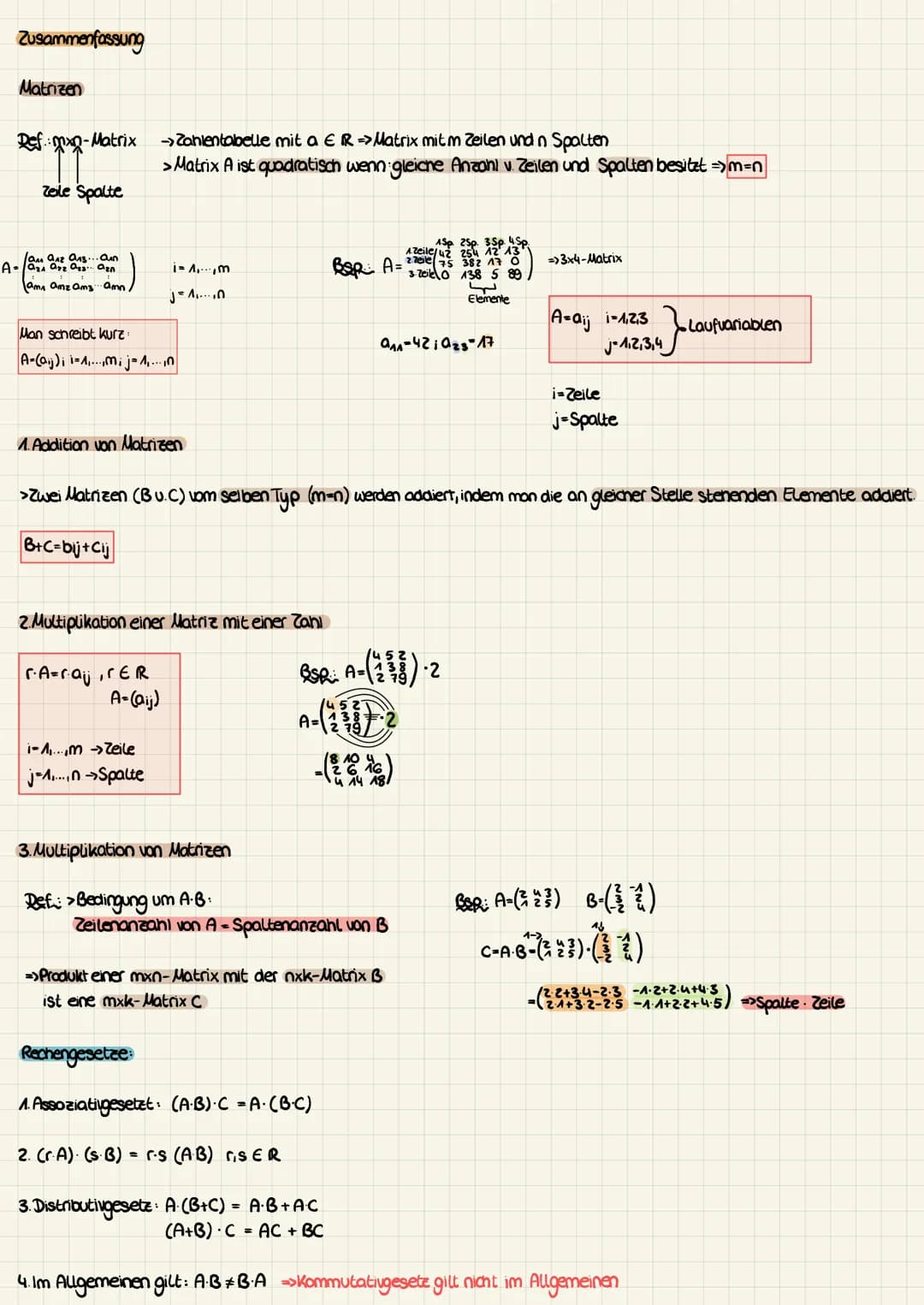 Zusammenfassung
Matrizen
Def:mxn-Matrix
zeile Spalte
A-91 912 0.18... Oun
ama amz amz amn.
Man schreibt kurz
A-(aj)i i=1,...,Mij=₁...
→> Zah